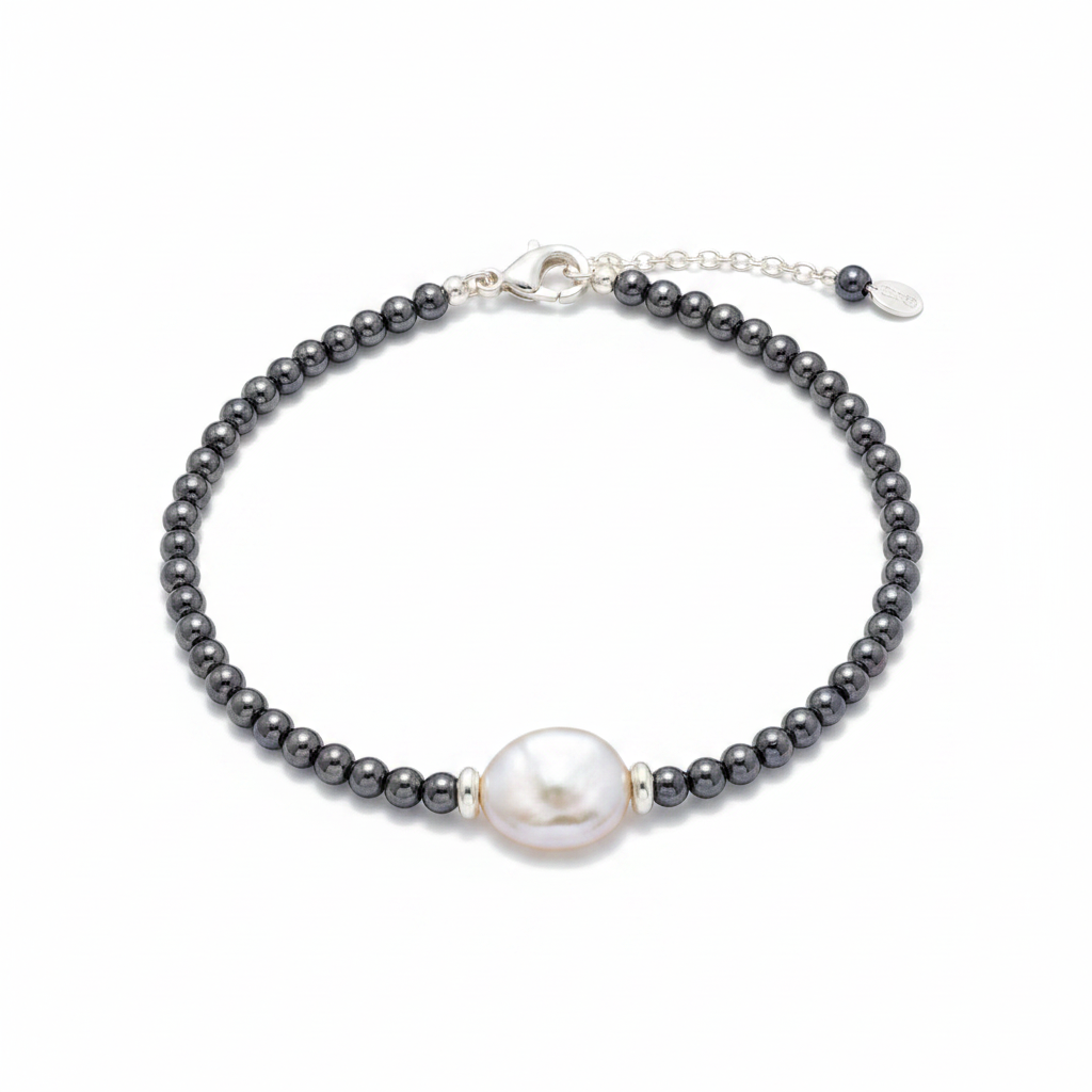 Eclipse Pearl & Hematite Bracelet - Clasp & Hematite Detail