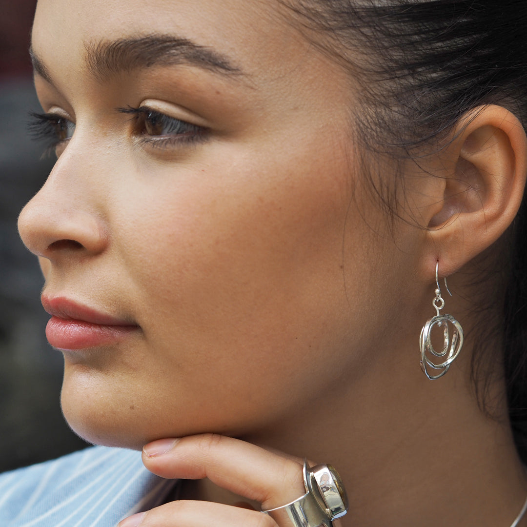 Lattice Trio Small Drop Hoop Earrings Handcrafted in Sterling Silver