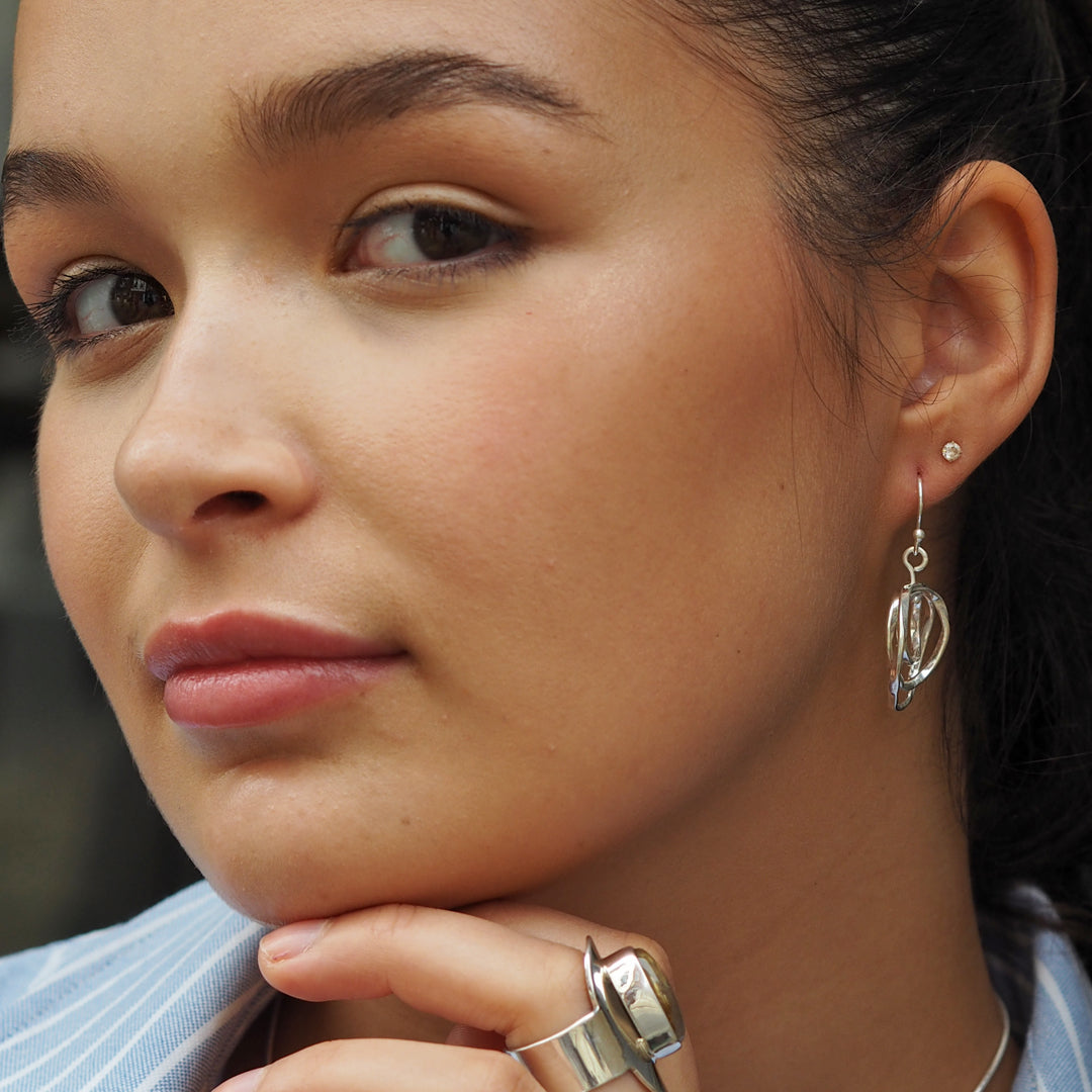 Lattice Trio Small Drop Hoop Earrings Handcrafted in Sterling Silver