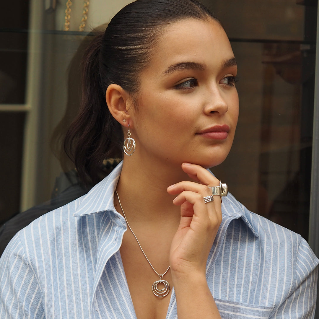 Lattice Trio Small Drop Hoop Earrings Handcrafted in Sterling Silver