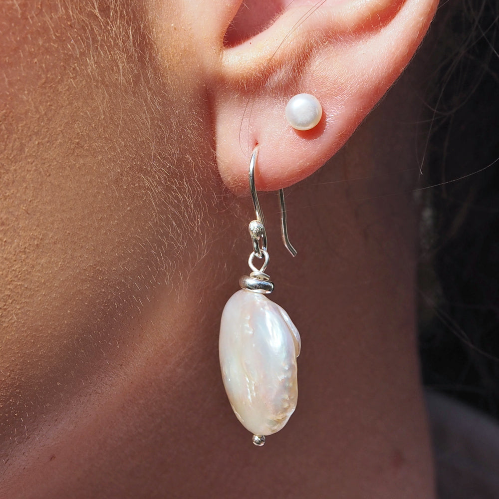 Coin Biwa Pearl Drop Earrings