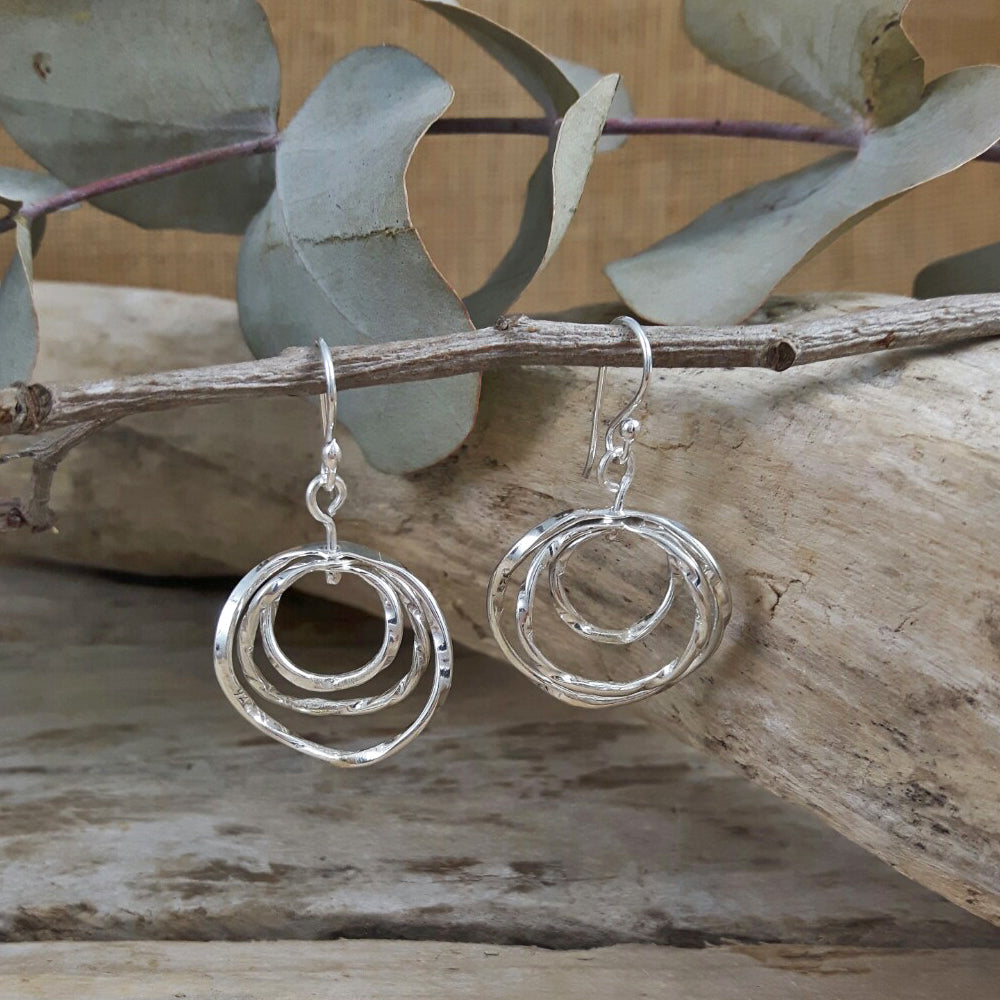 Lattice Trio Small Drop Hoop Earrings Handcrafted in Sterling Silver