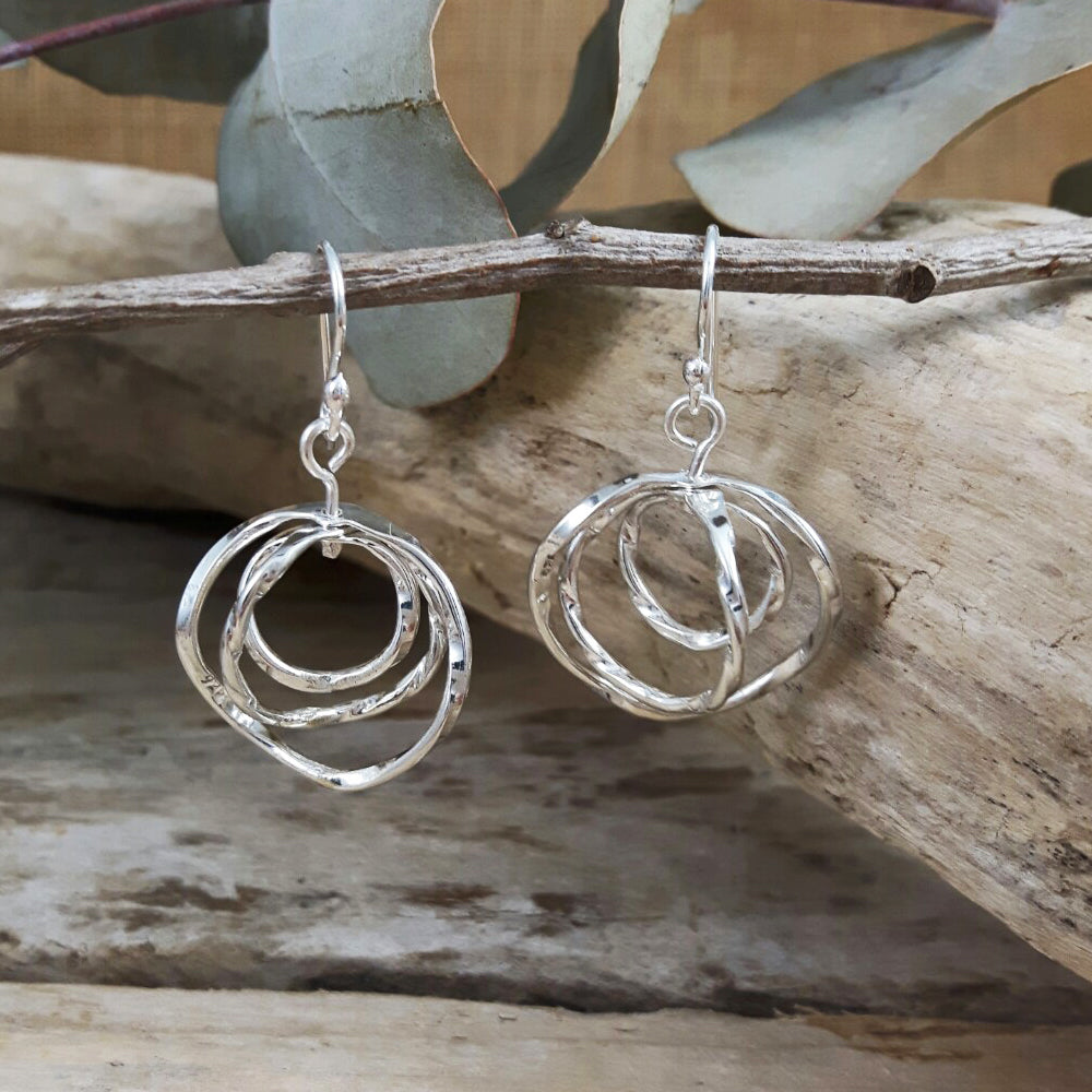 Lattice Trio Small Drop Hoop Earrings Handcrafted in Sterling Silver