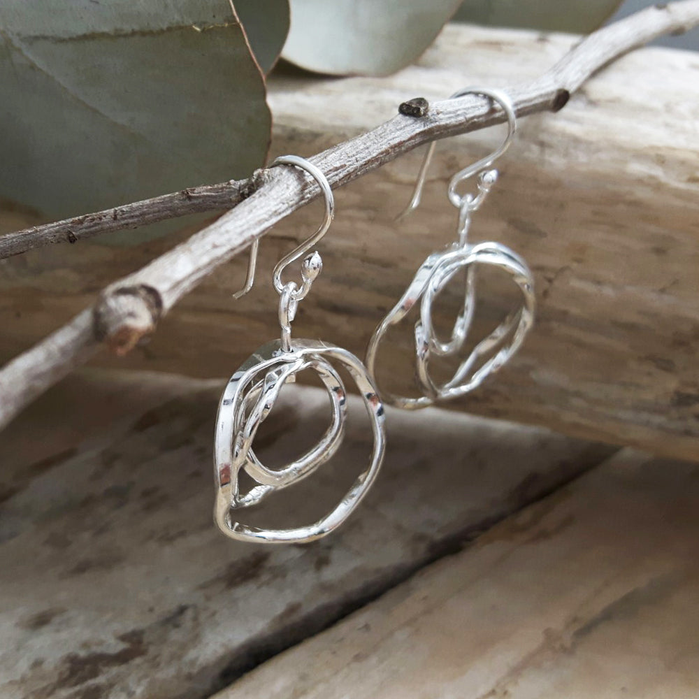 Lattice Trio Small Drop Hoop Earrings Handcrafted in Sterling Silver
