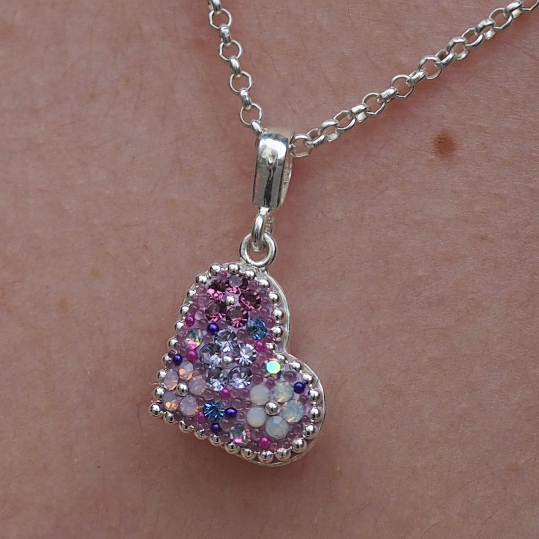 lilac crystal heart pendant worn necklace