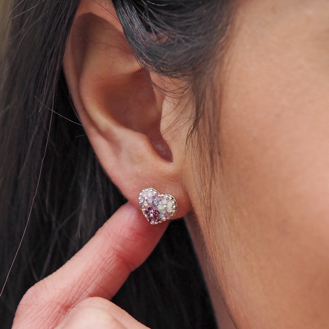 lilac heart crystal studs worn on ear everyday jewellery