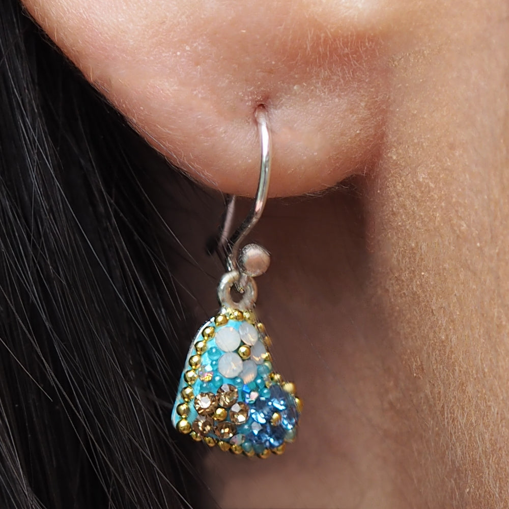 close up heart drop earrings crystal and micro bead detail