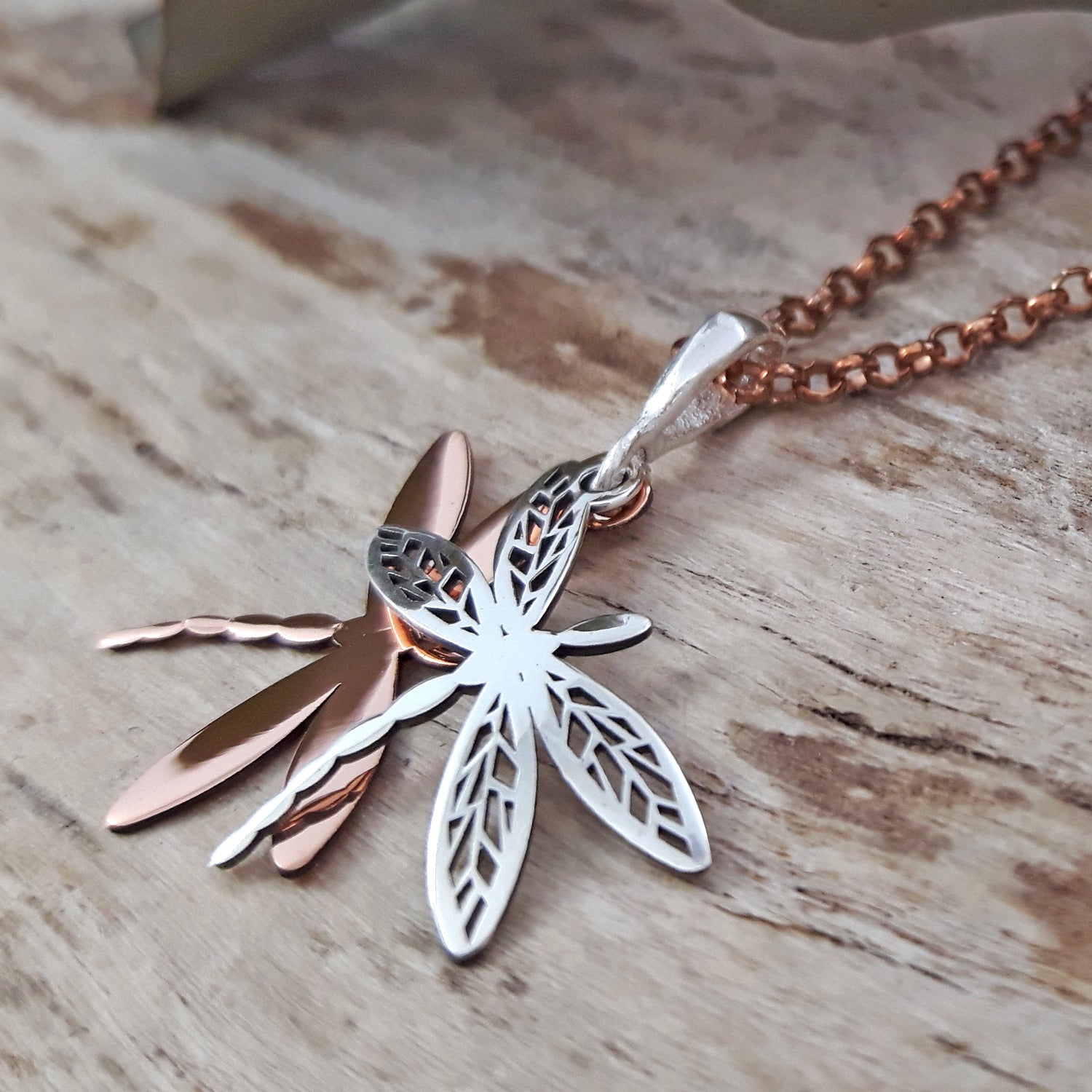 Celtic Tiny Dragonfly Silver/Copper Pendant