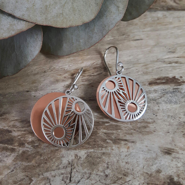 Celtic Sun Silver/Copper Drop Earrings