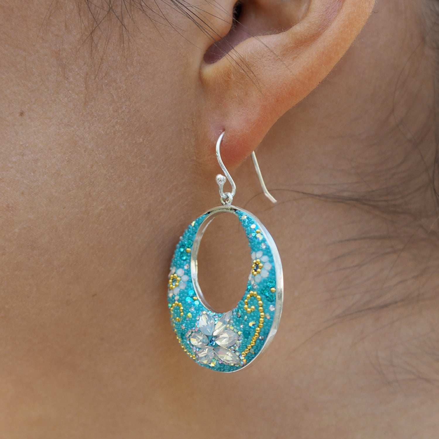 turquoise hoop earrings worn boho style