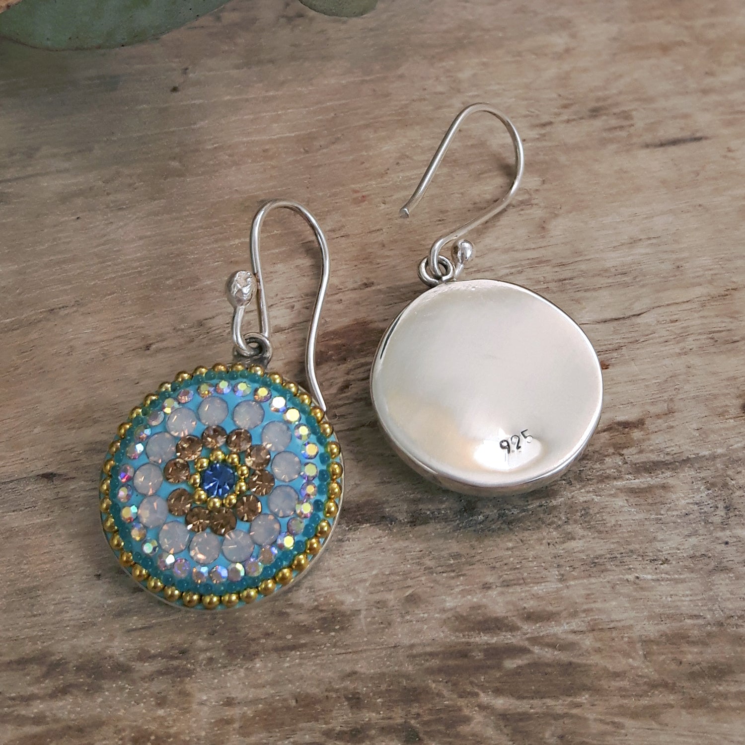 turquoise daisy coin earrings sterling silver handmade front back view