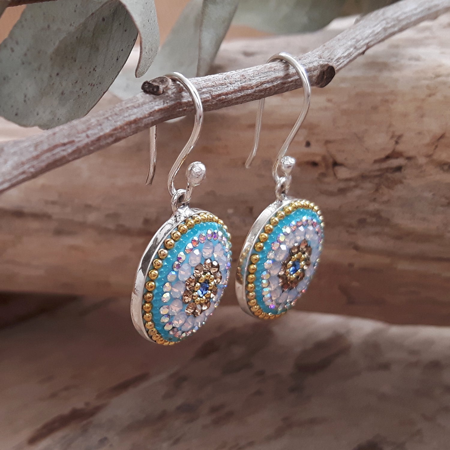 turquoise daisy coin earrings sterling silver handmade side view