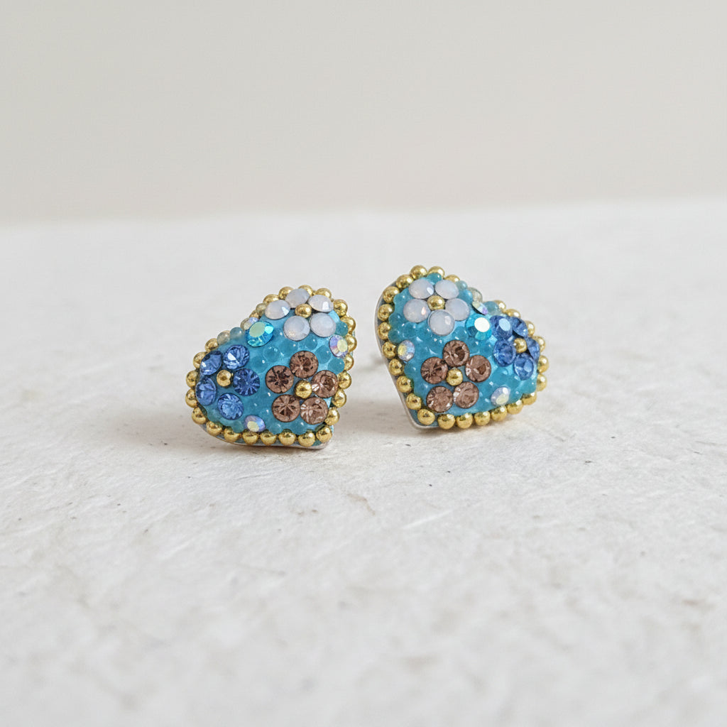 Turquoise daisy heart stud earrings, sterling silver handmade floral jewellery
