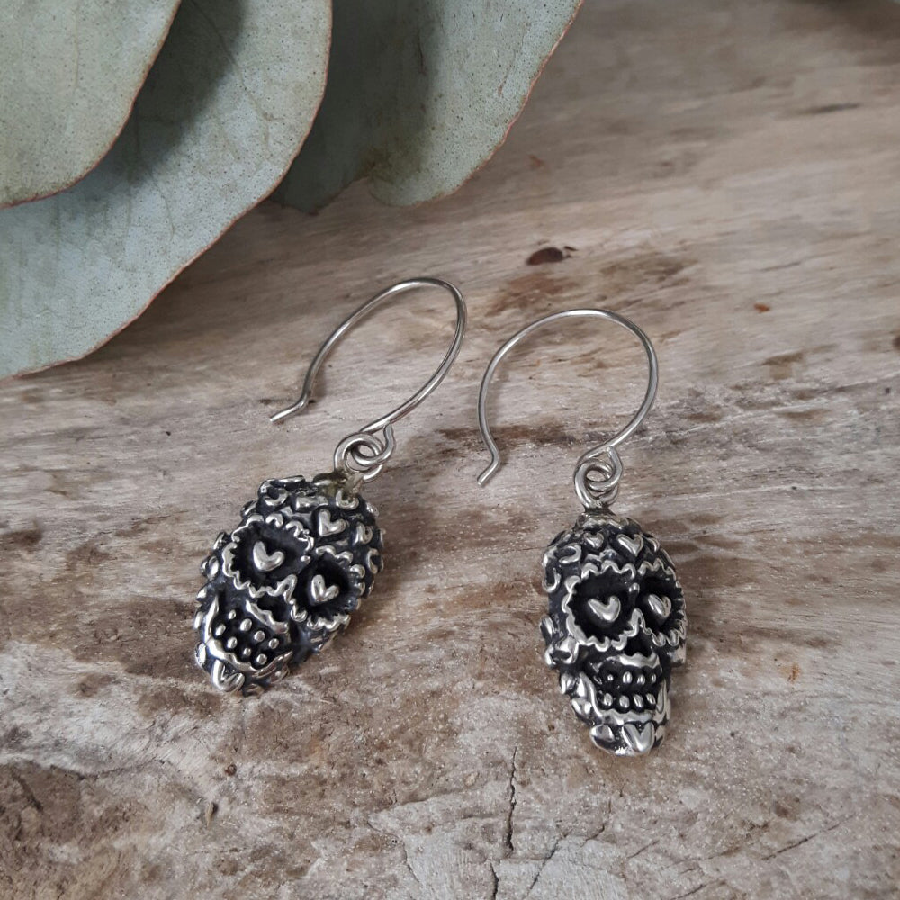 Catrina Skull Sterling Silver Drop Earrings Palenque Jewellery