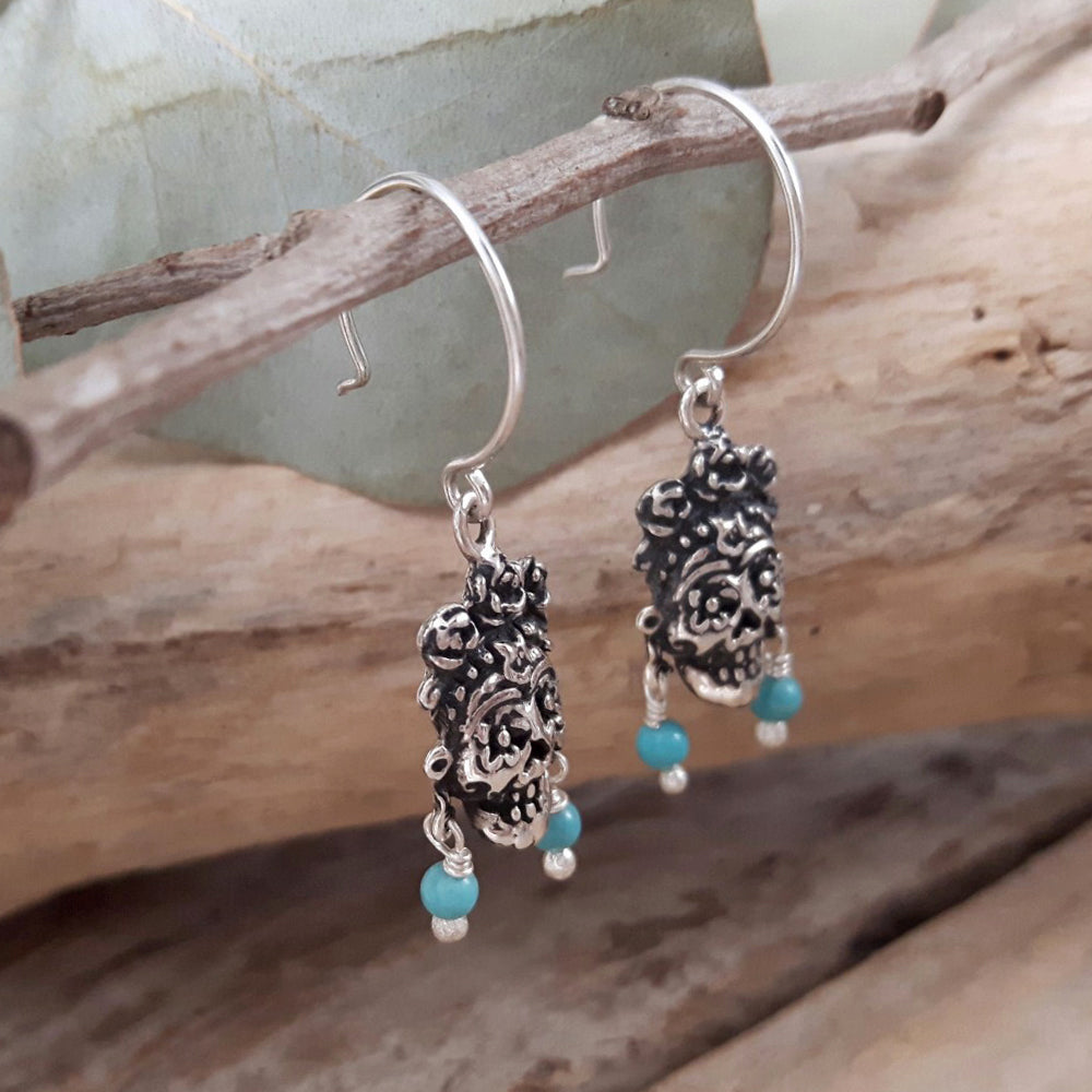 Catrina Skull Silver & Turquoise Drop Earrings