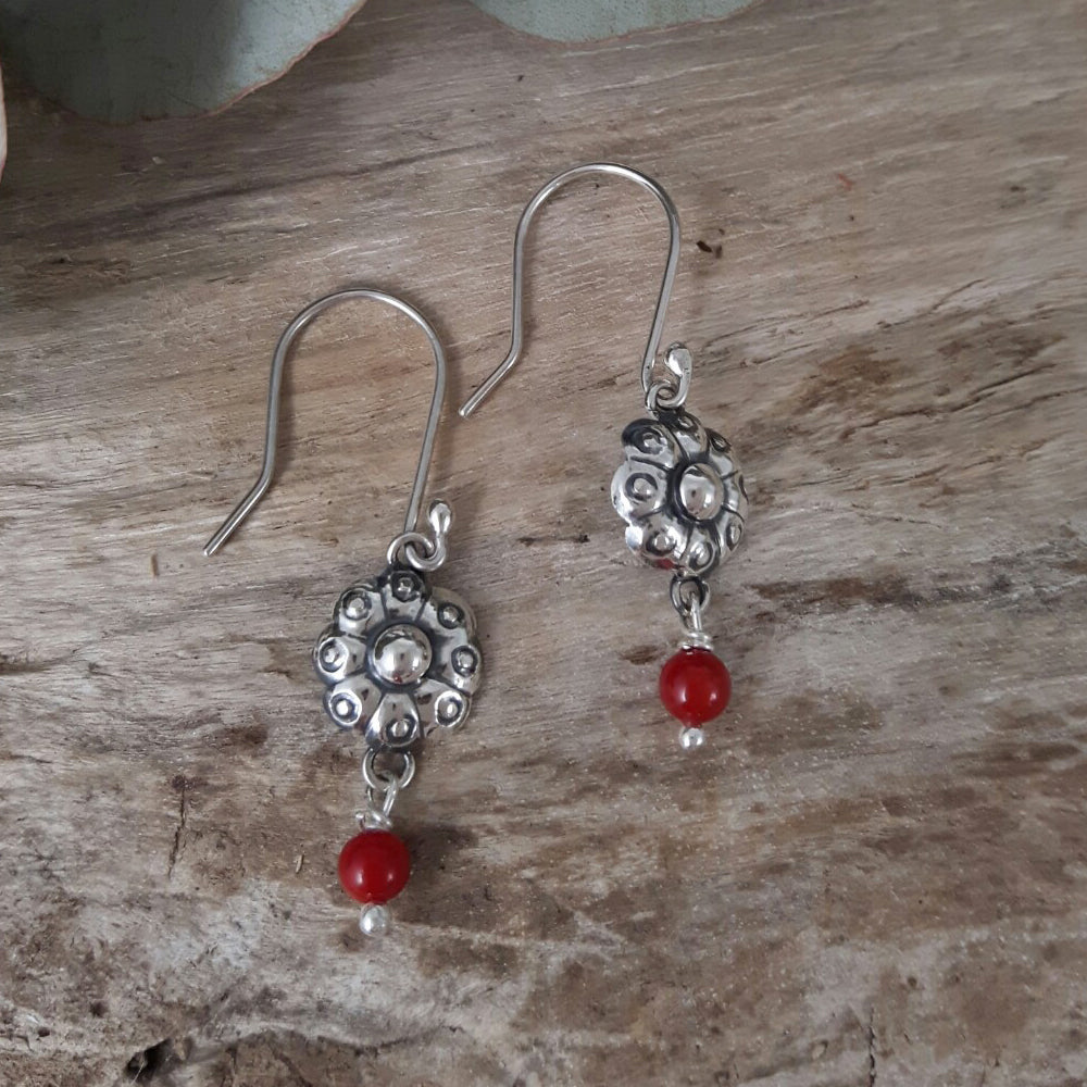 Bloom Flower Silver & Red Drop Earrings