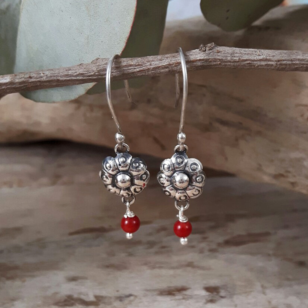 Bloom Flower Silver & Red Drop Earrings