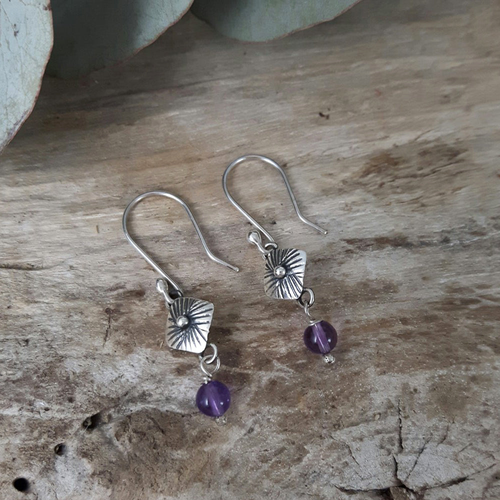 Bloom Rombo Silver & Amethyst Drop Earrings