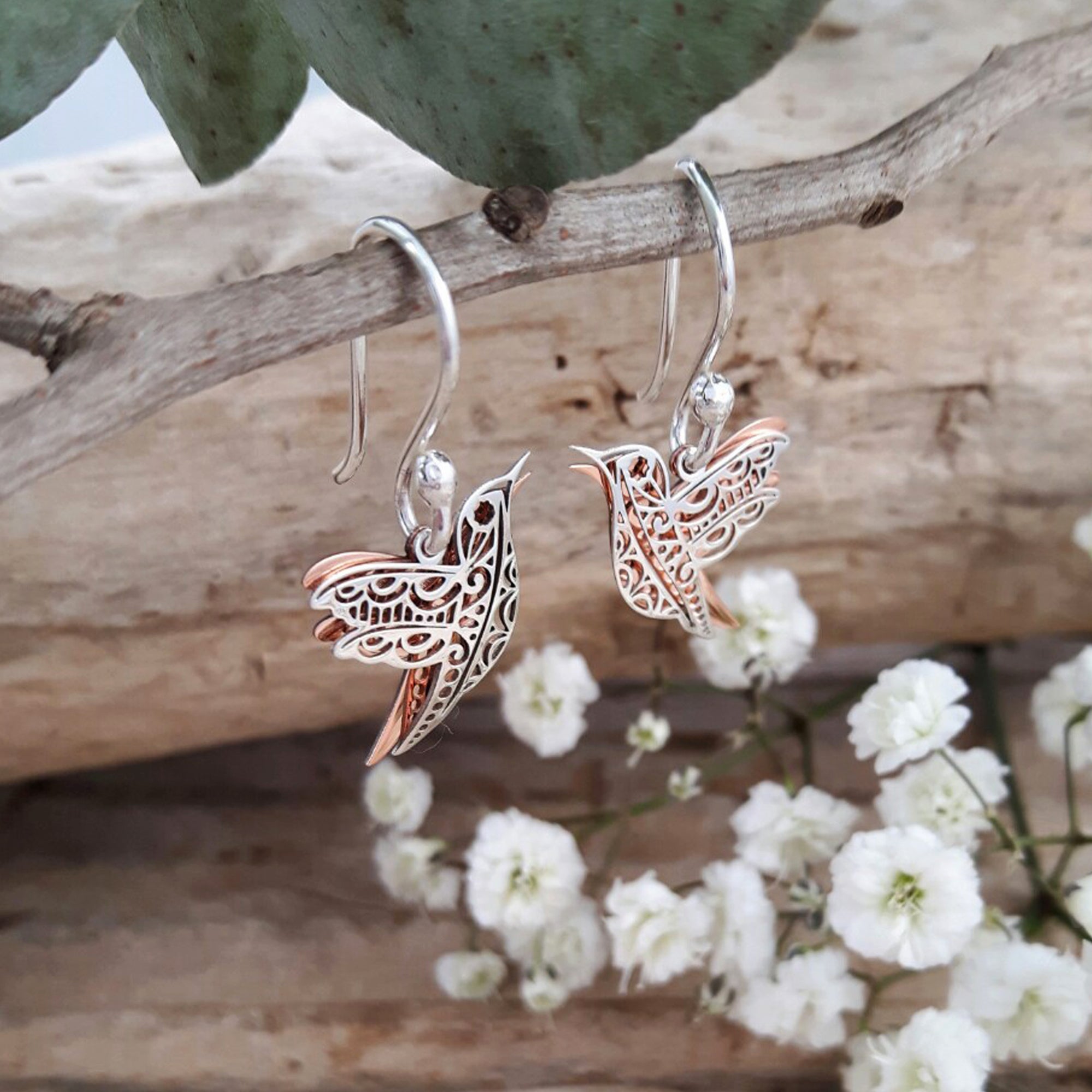 Celtic Dove Silver/Copper Drop Earrings