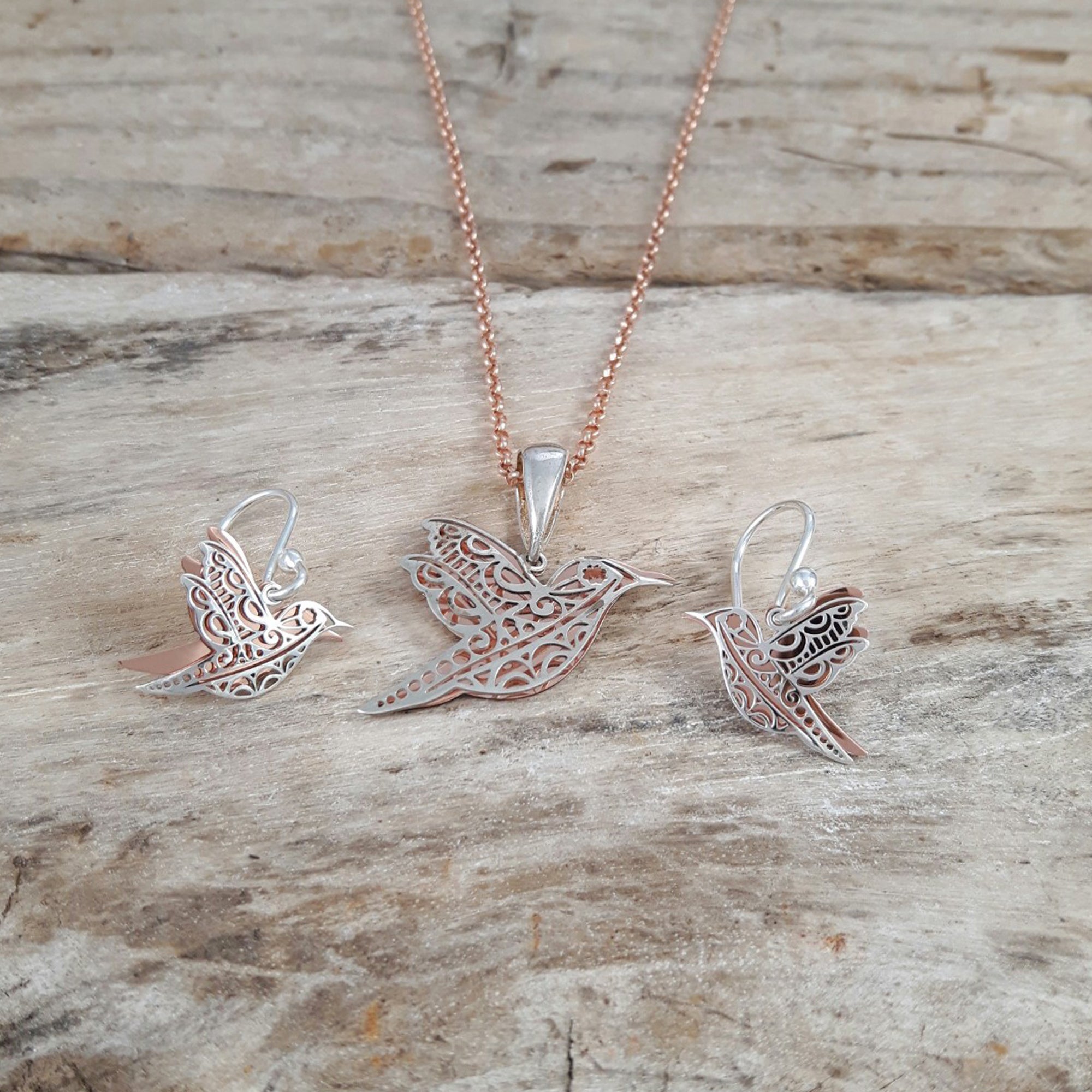 Celtic Dove Silver/Copper Drop Earrings