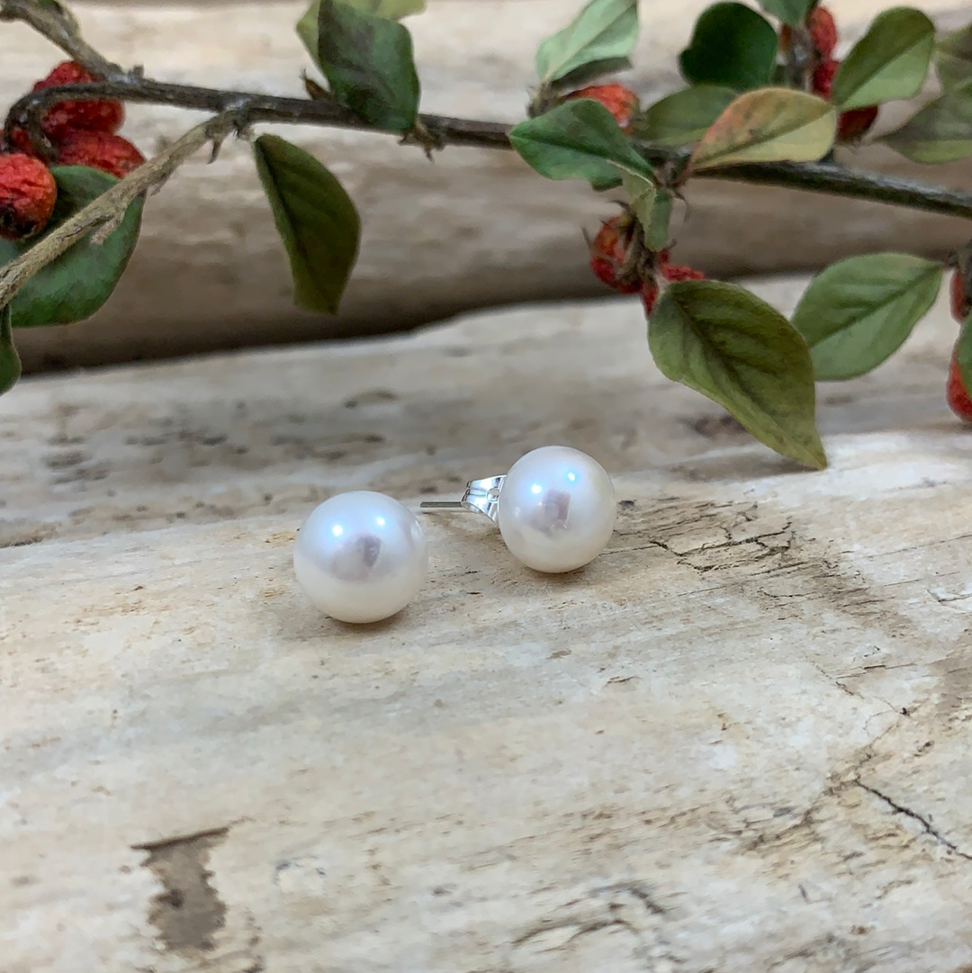 Ladies Contemporary Sterling Silver White Pearl Large Stud