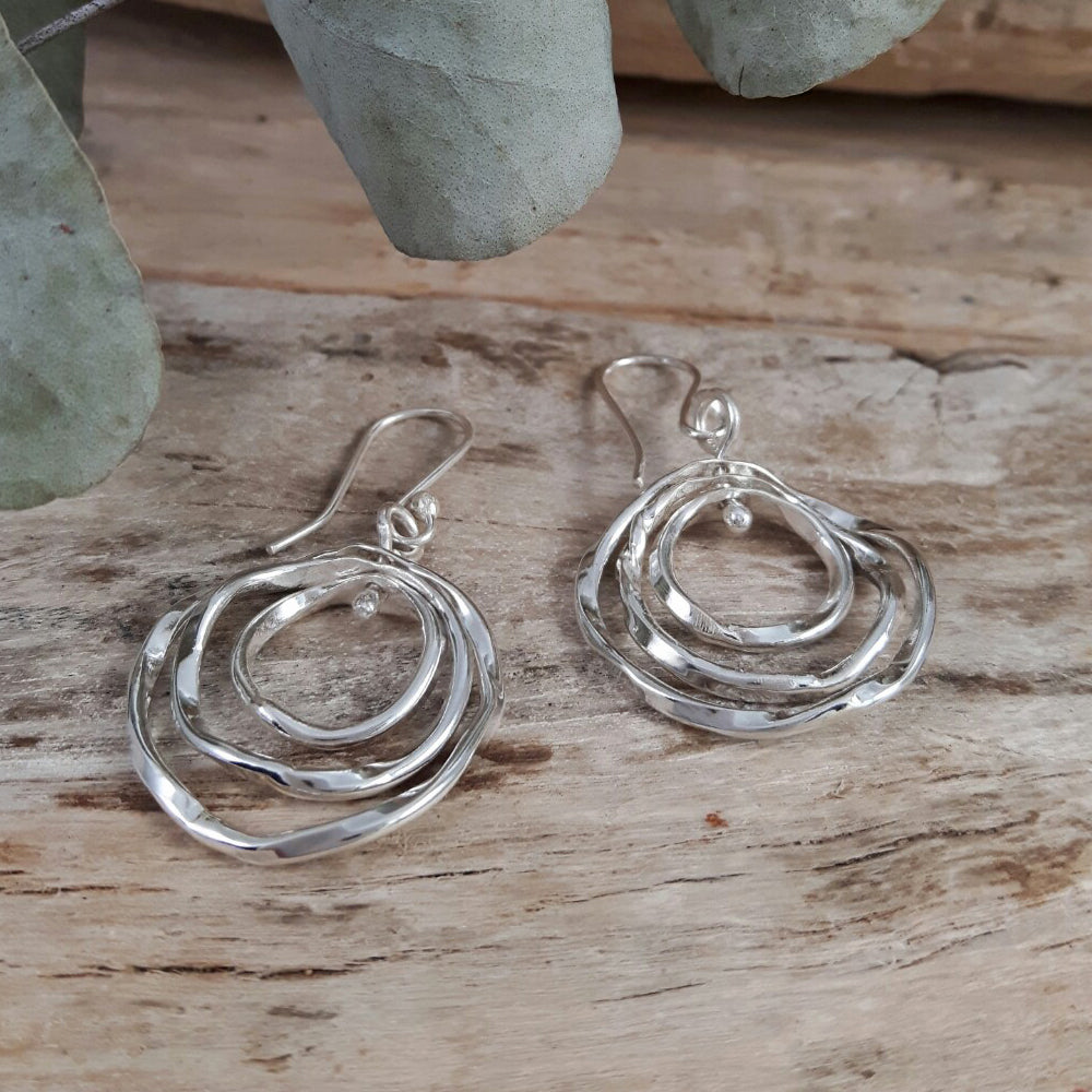 Lattice Trio Small Drop Hoop Earrings Handcrafted in Sterling Silver