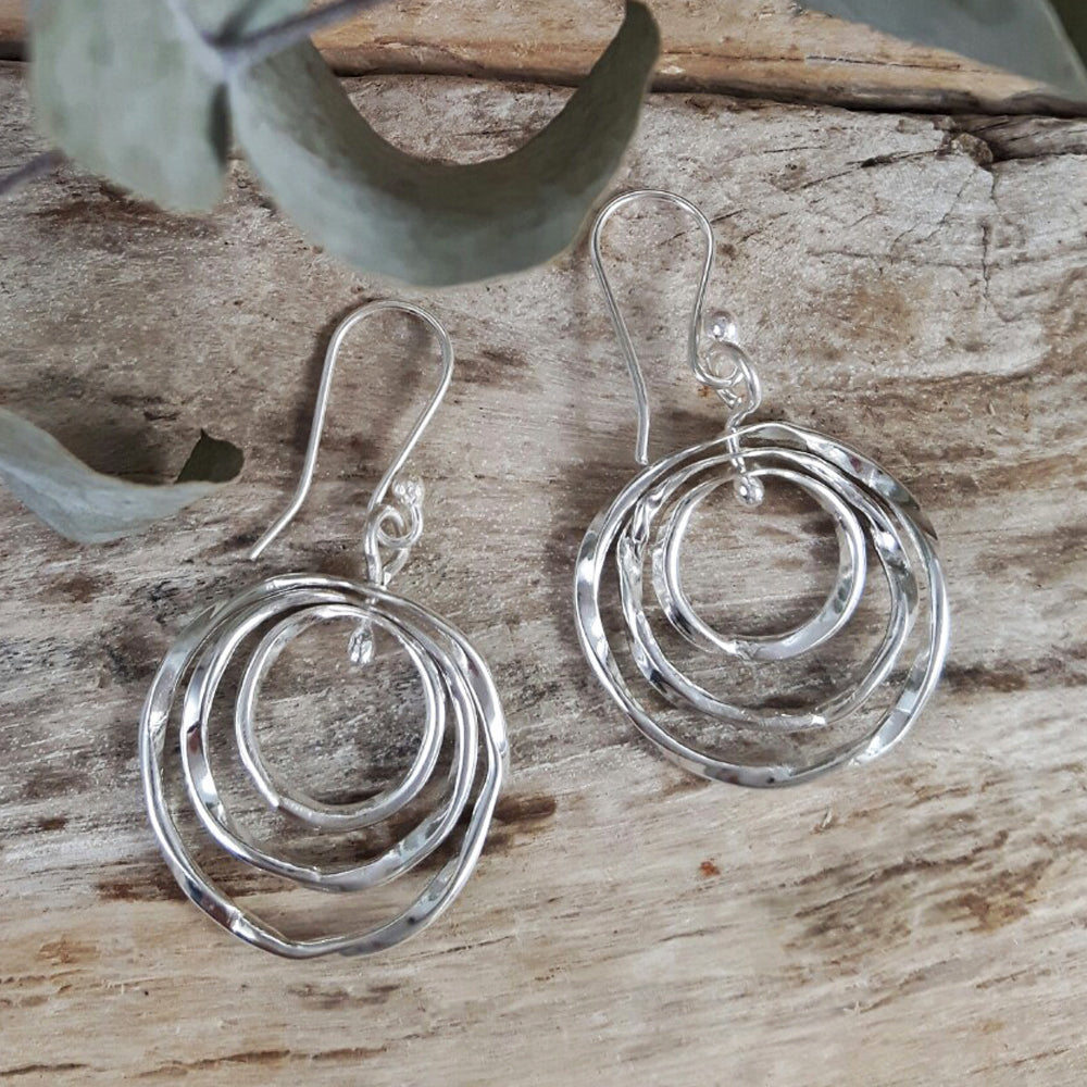 Lattice Trio Small Drop Hoop Earrings Handcrafted in Sterling Silver