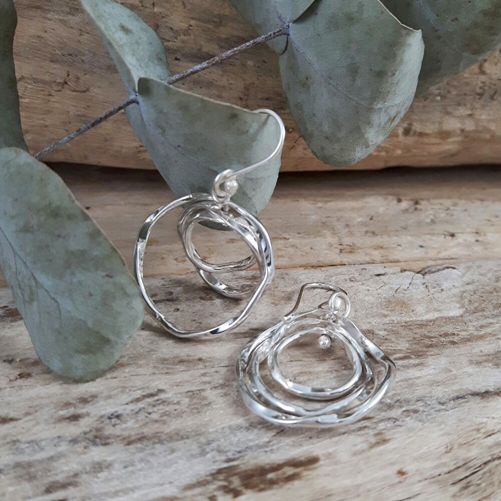 Lattice Trio Small Drop Hoop Earrings Handcrafted in Sterling Silver