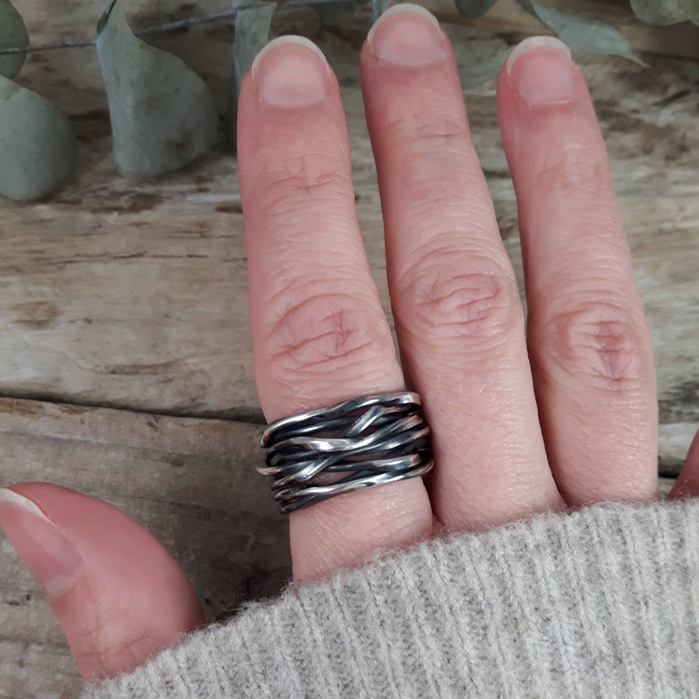 Lattice Wide Oxidised Ring Handcrafted in Sterling Silver