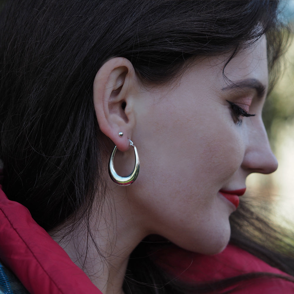 Rowena Oval Polished Silver Hoop Earrings