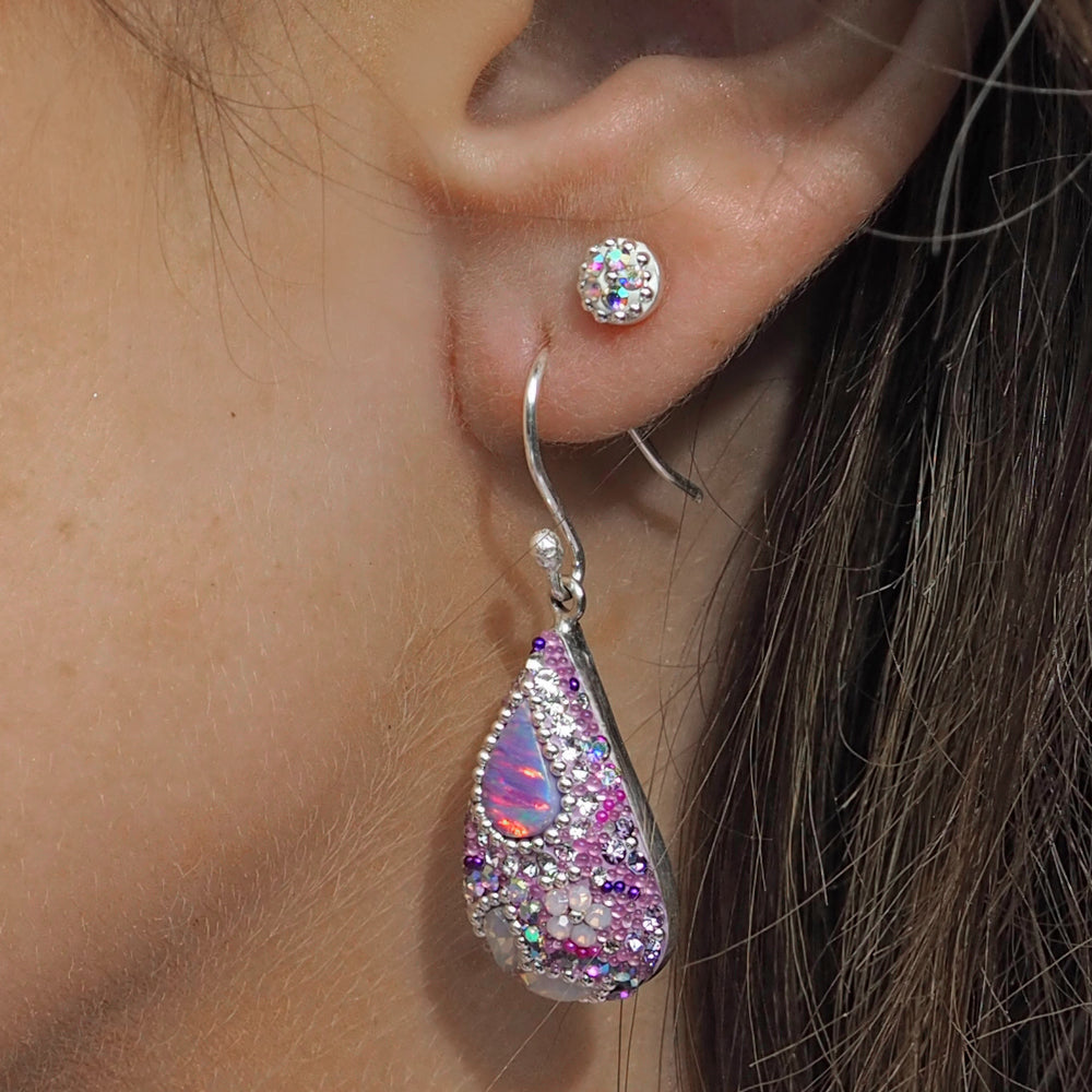 lilac earrings micro bead and crystal detail worn in ear