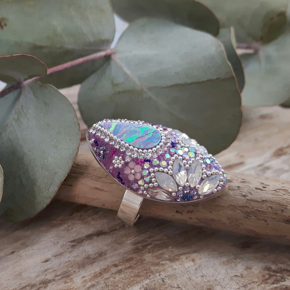 adjustable lilac opalite ring sterling silver