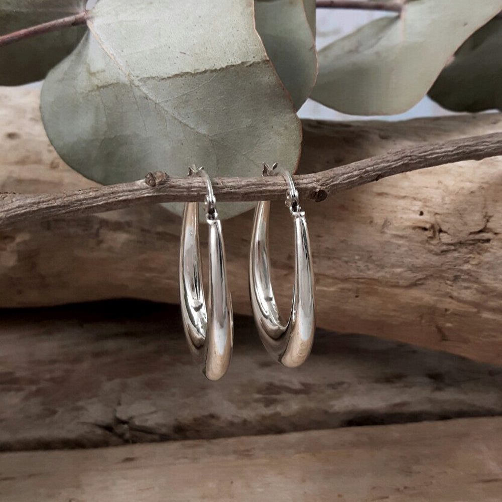 Rowena Oval Polished Silver Hoop Earrings