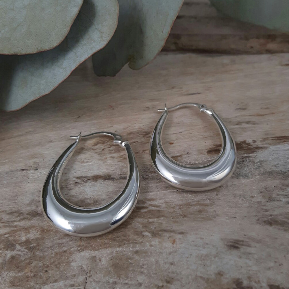 Rowena Oval Polished Silver Hoop Earrings