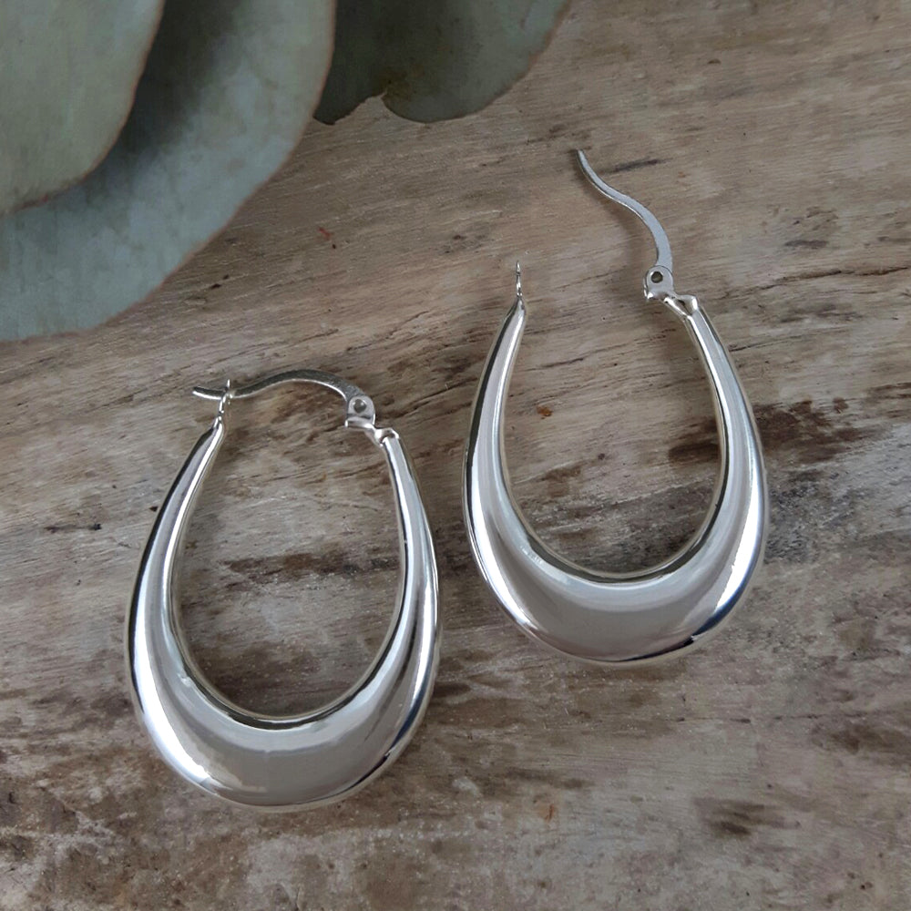 Rowena Oval Polished Silver Hoop Earrings