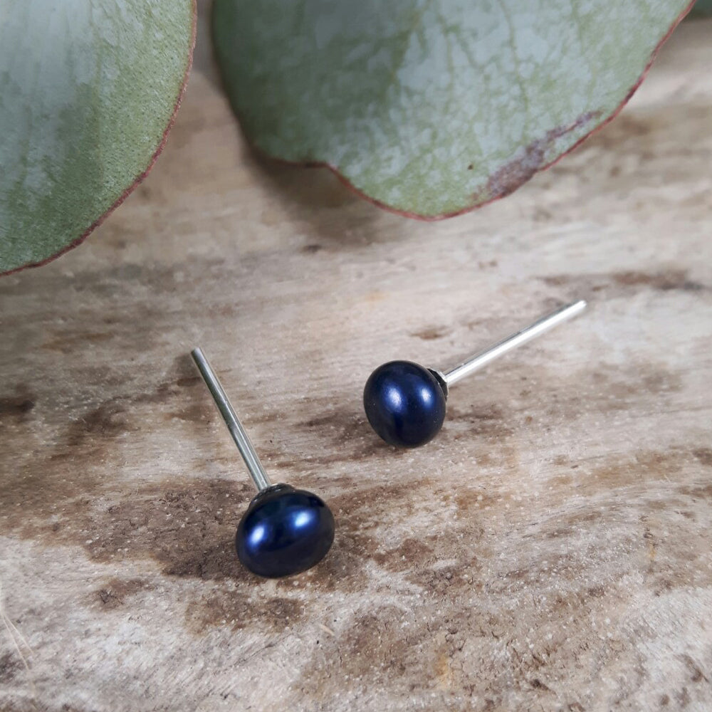 Tiny Blue Grey Freshwater Pearl Stud Earrings