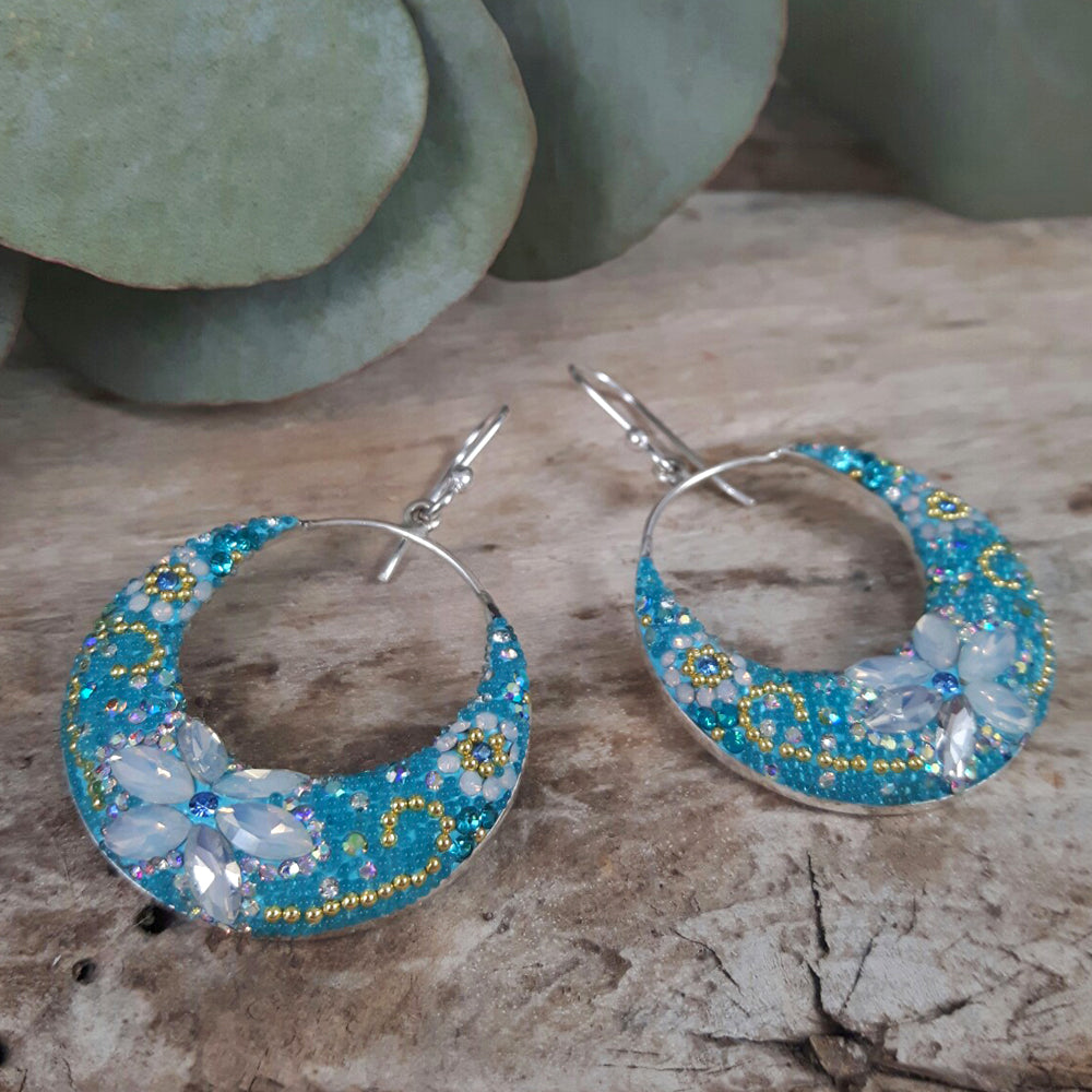 turquoise daisy boho hoop sterling silver earrings sterling silver handmade laid down
