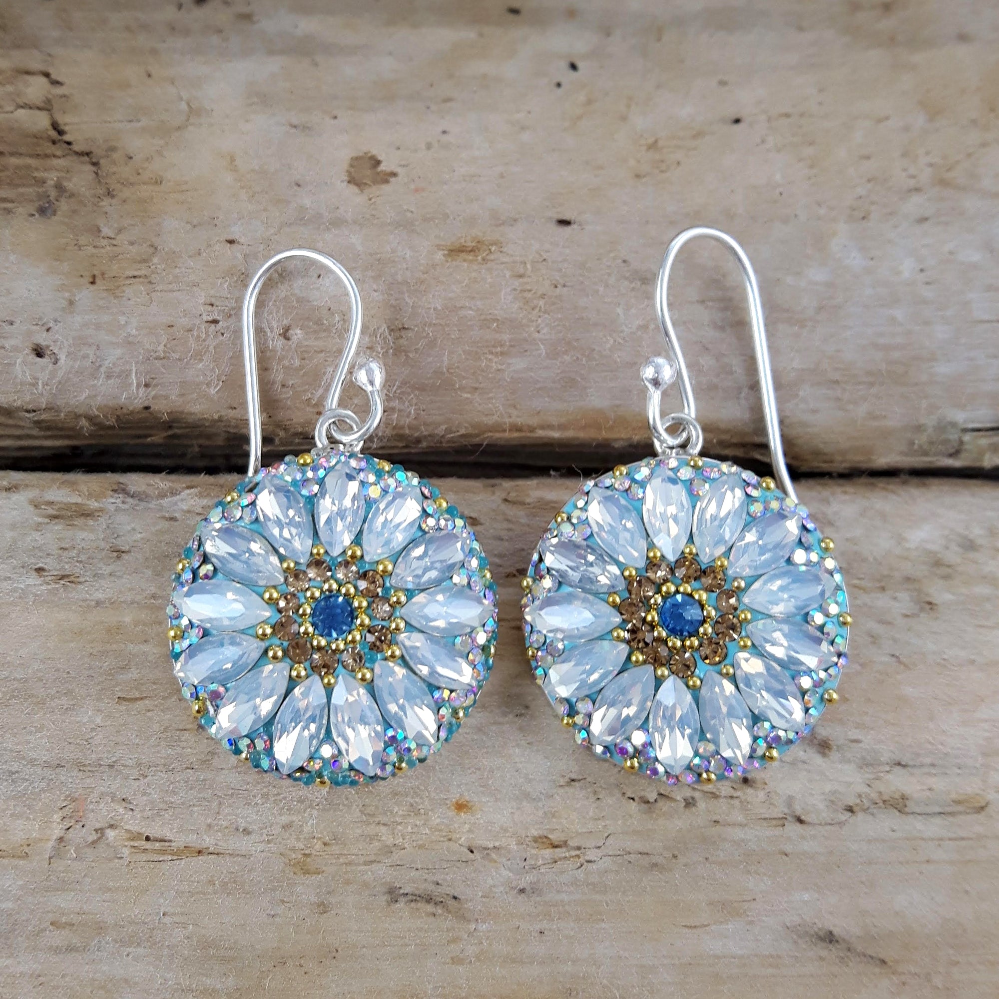 sterling silver daisy disc earrings turquoise floral design