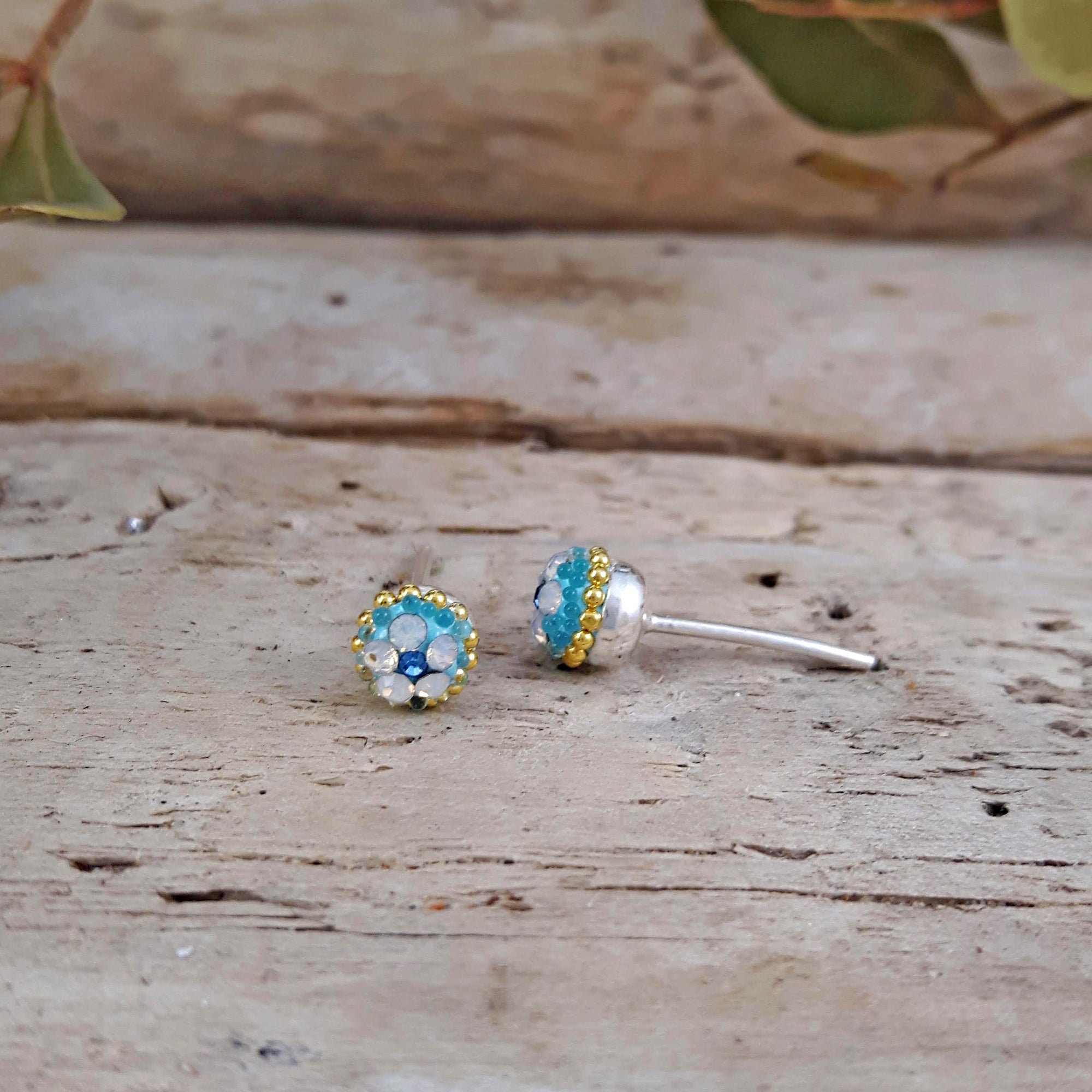 Turquoise daisy tiny stud earrings sterling silver handmade