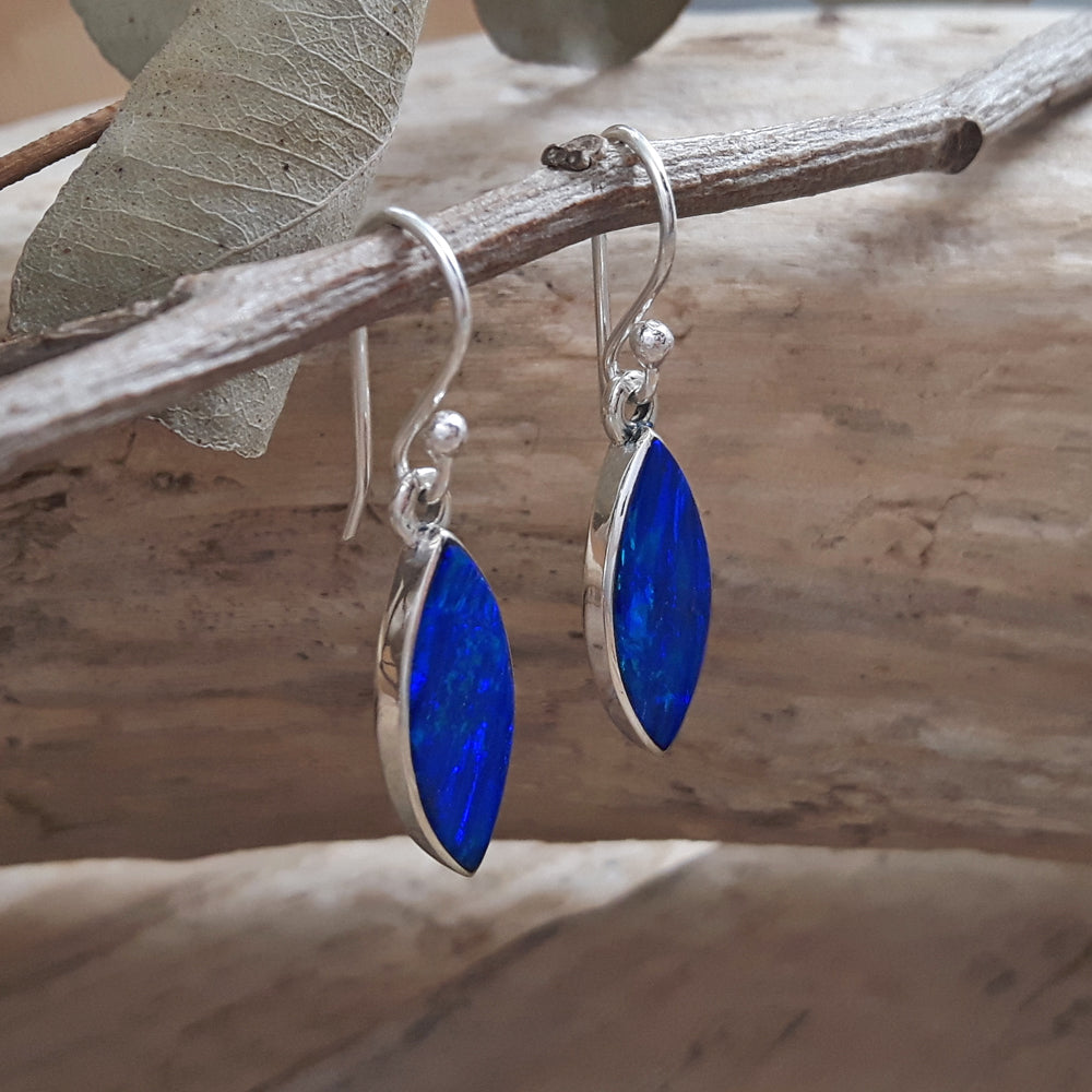blue opal earring set in sterling silver , leaf shape