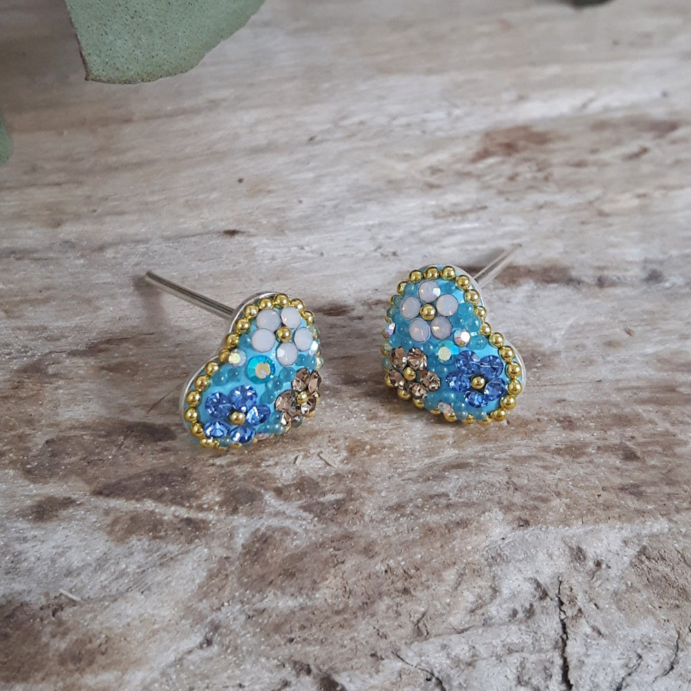 turquoise daisy heart stud earrings sterling silver handmade floral jewellery uk designed