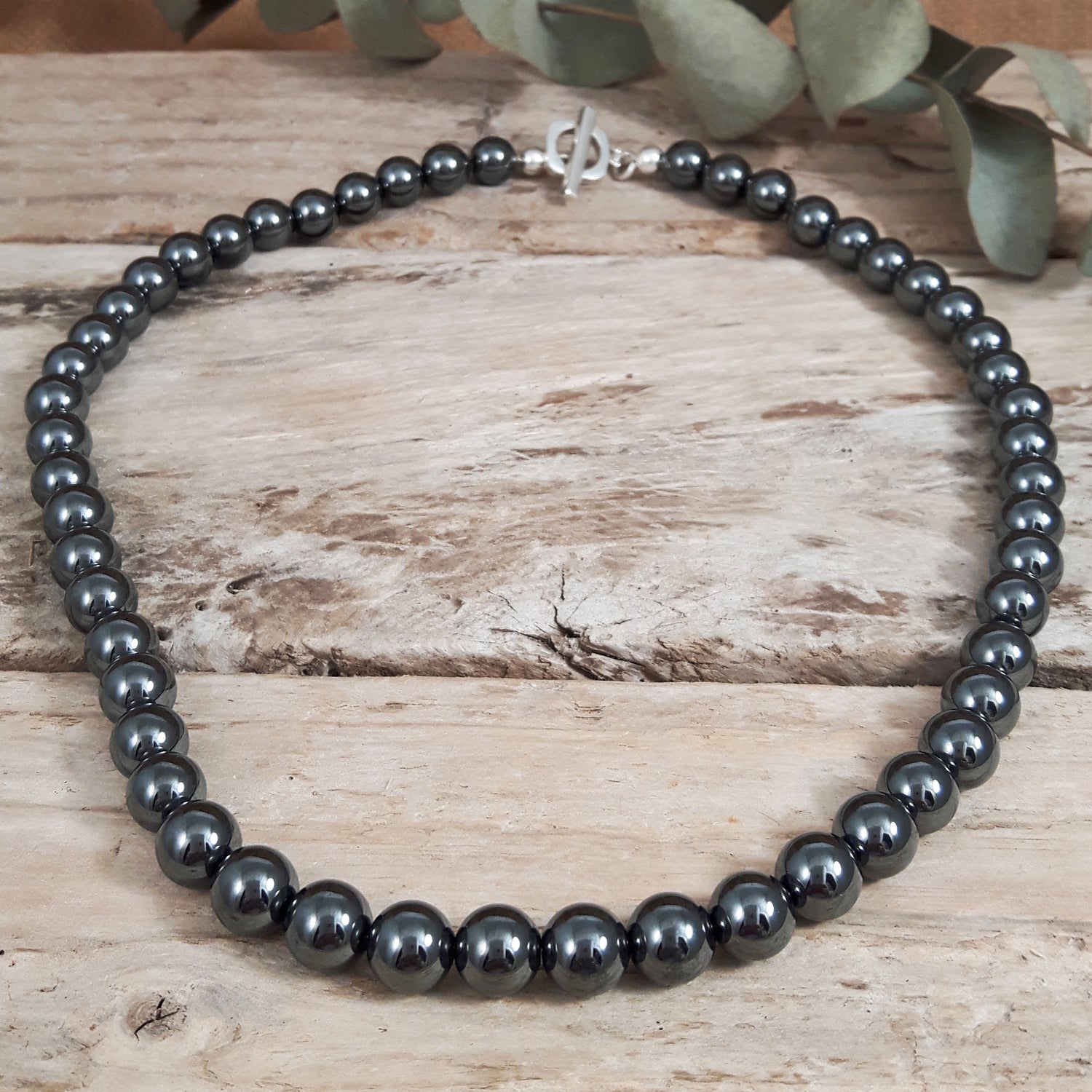 Artisan crafted hematite gemstone necklace with sterling silver T-bar detail