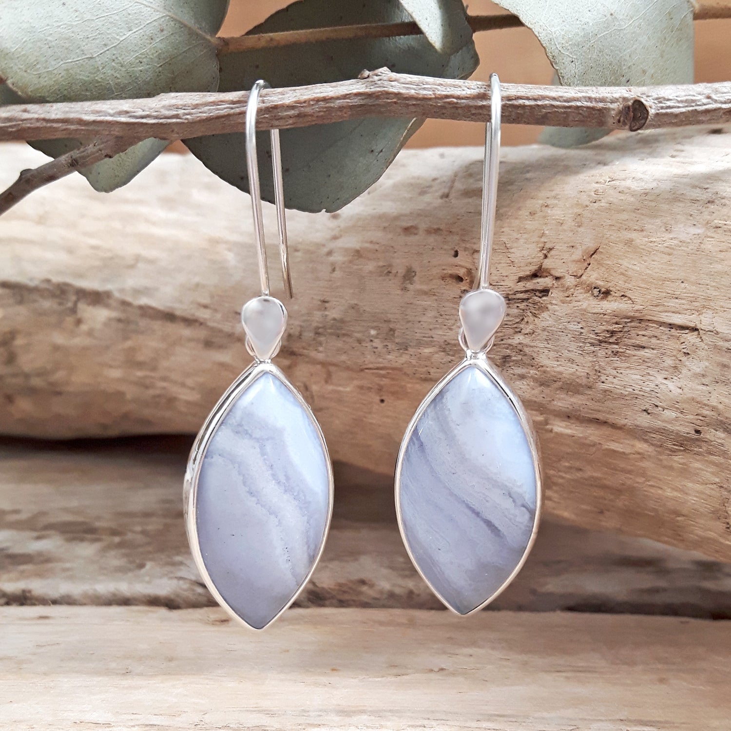 Silver earrings with blue lace agate stones hanging on a branch, artisan-crafted jewellery