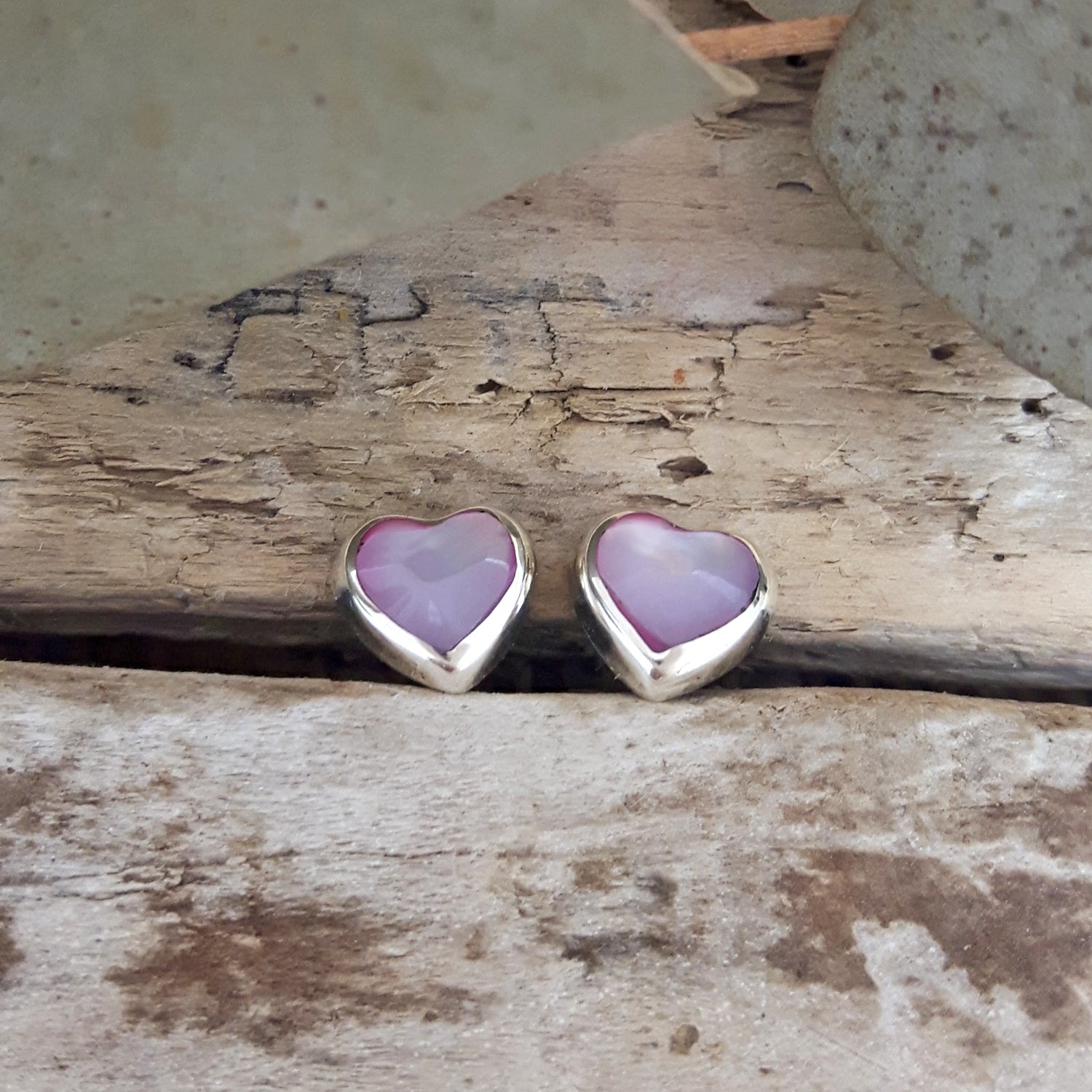 Mother of Pearl Pink Dainty Heart Stud Earrings