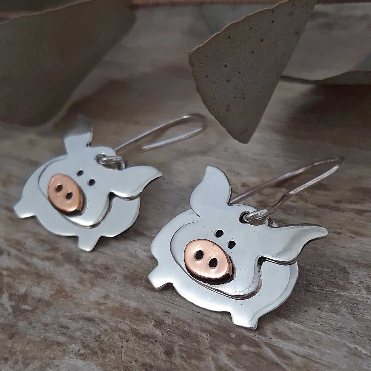 SAMPLE Duet Pig Silver/Copper Drop Earrings