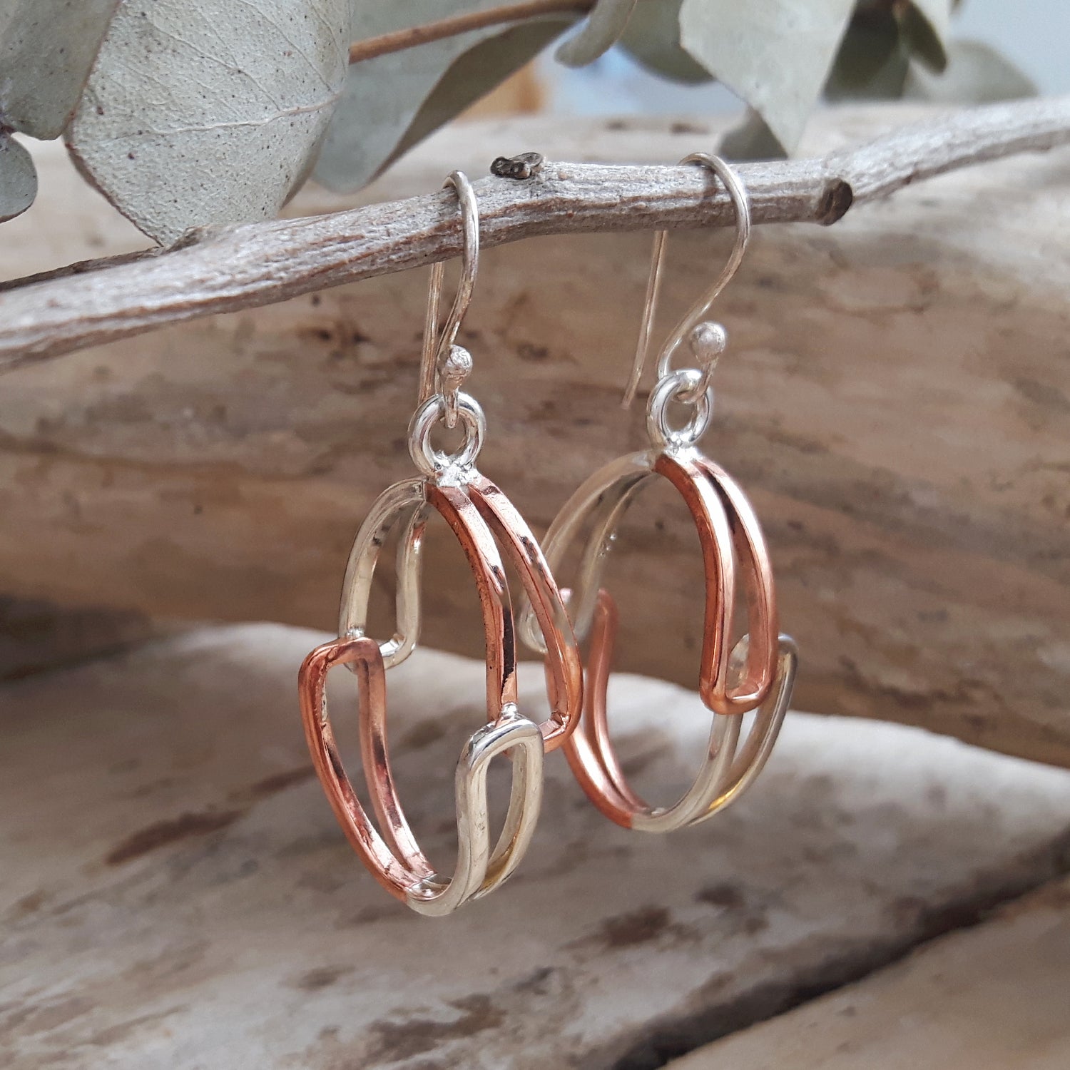 SAMPLE Duo Geo Coper Silver Hoop Earrings