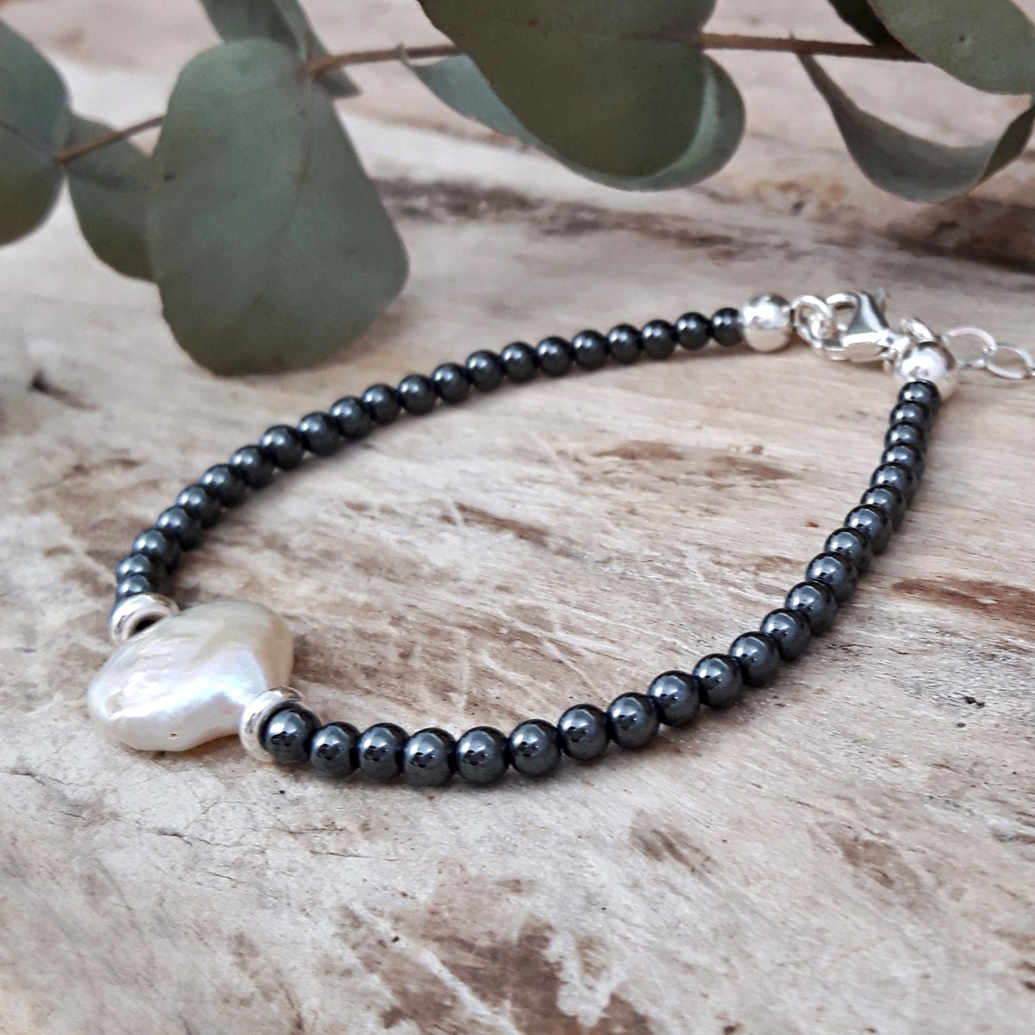 Handmade Hematite and Pearl Bracelet with Sterling Silver clasp, UK gemstone jewellery