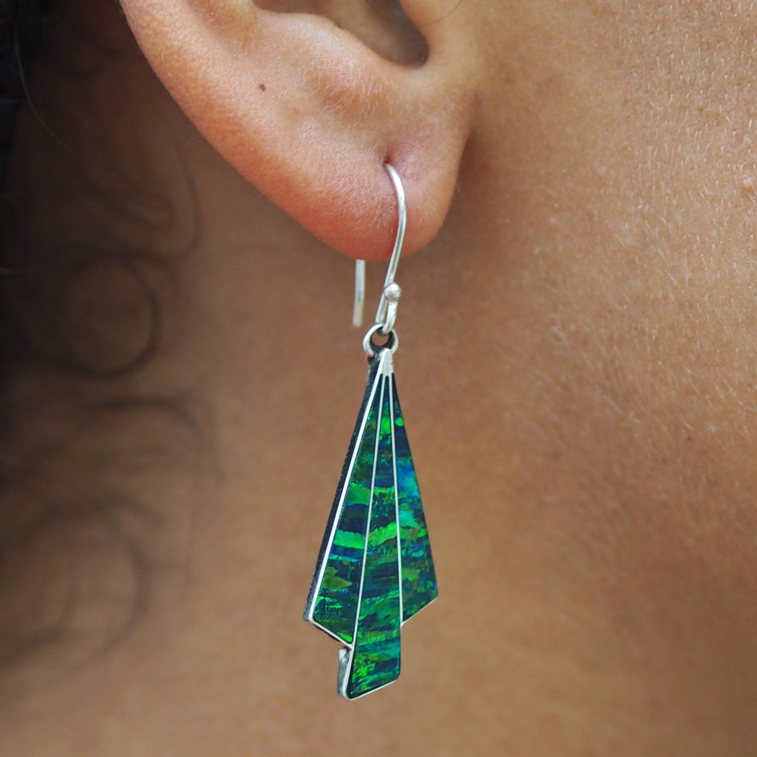 Flinder Seraphine Emerald Sterling Drop Earrings with Cultured Opal Inlay