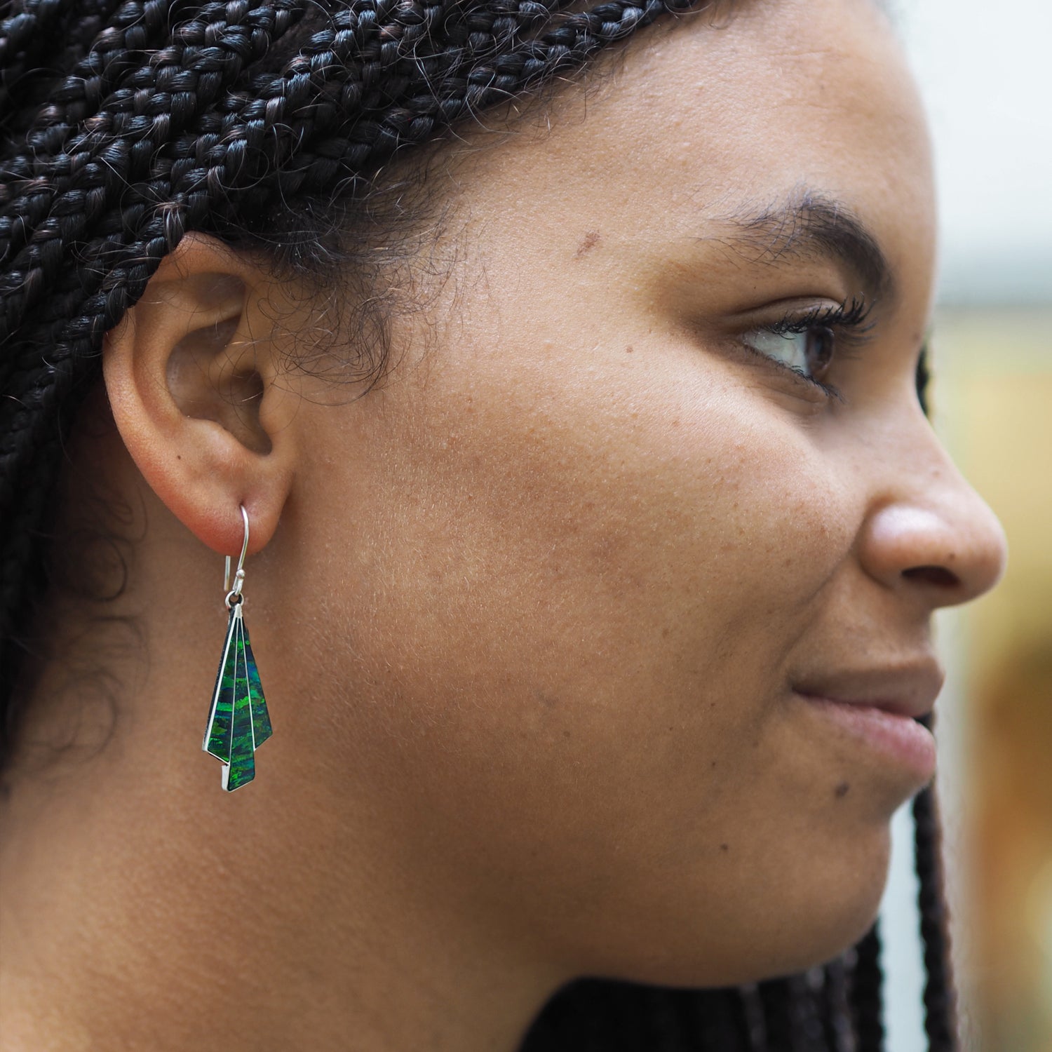 Flinder Seraphine Emerald Sterling Drop Earrings with Cultured Opal Inlay