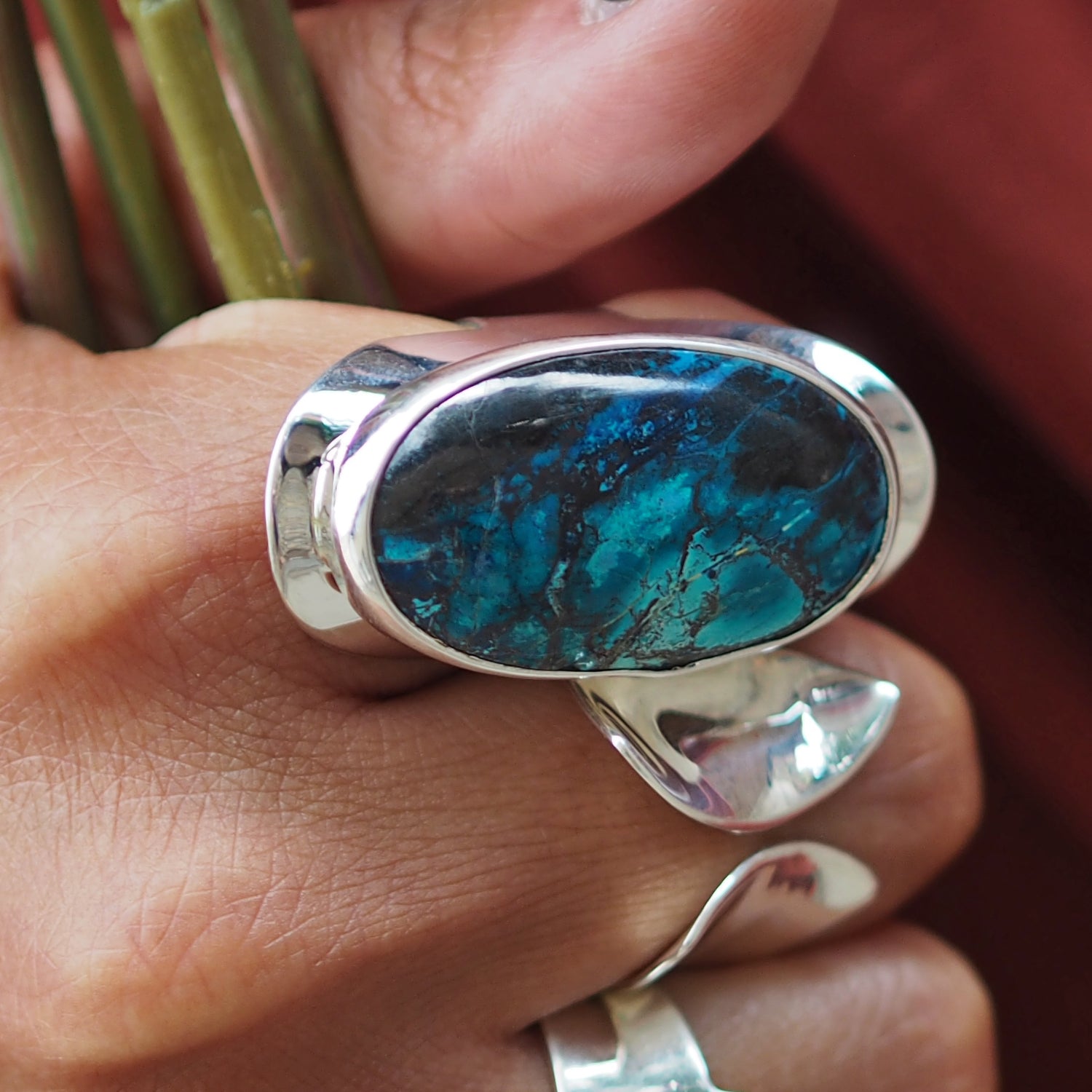 Monet Shattuckite Gemstone Large Adjustable Ring A Set in Sterling Silver